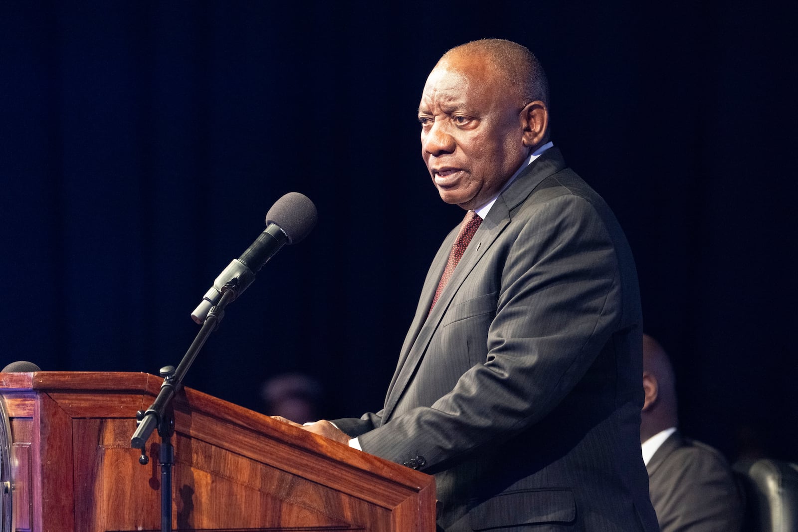 South African President Cyril Ramaphosa addresses the opening session of the G20 foreign ministers meeting in Johannesburg, South Africa, Thursday, Feb. 20, 2025. (AP Photo/Jerome Delay)