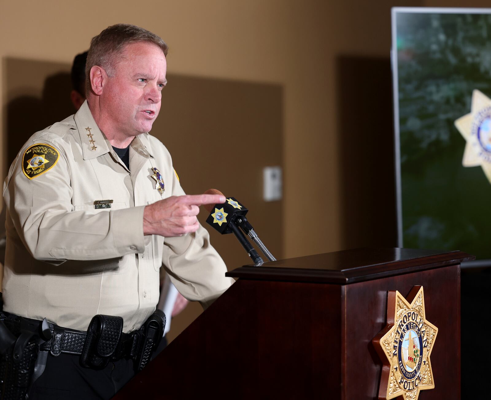 Las Vegas Metropolitan Police Department Sheriff Kevin McMahill speaks to media at the department headquarters in Las Vegas, Tuesday, Jan. 7, 2025, about suspect Matthew Livelsberger and the Tesla Cybertruck explosion at the Trump International Hotel. (K.M. Cannon/Las Vegas Review-Journal via AP)