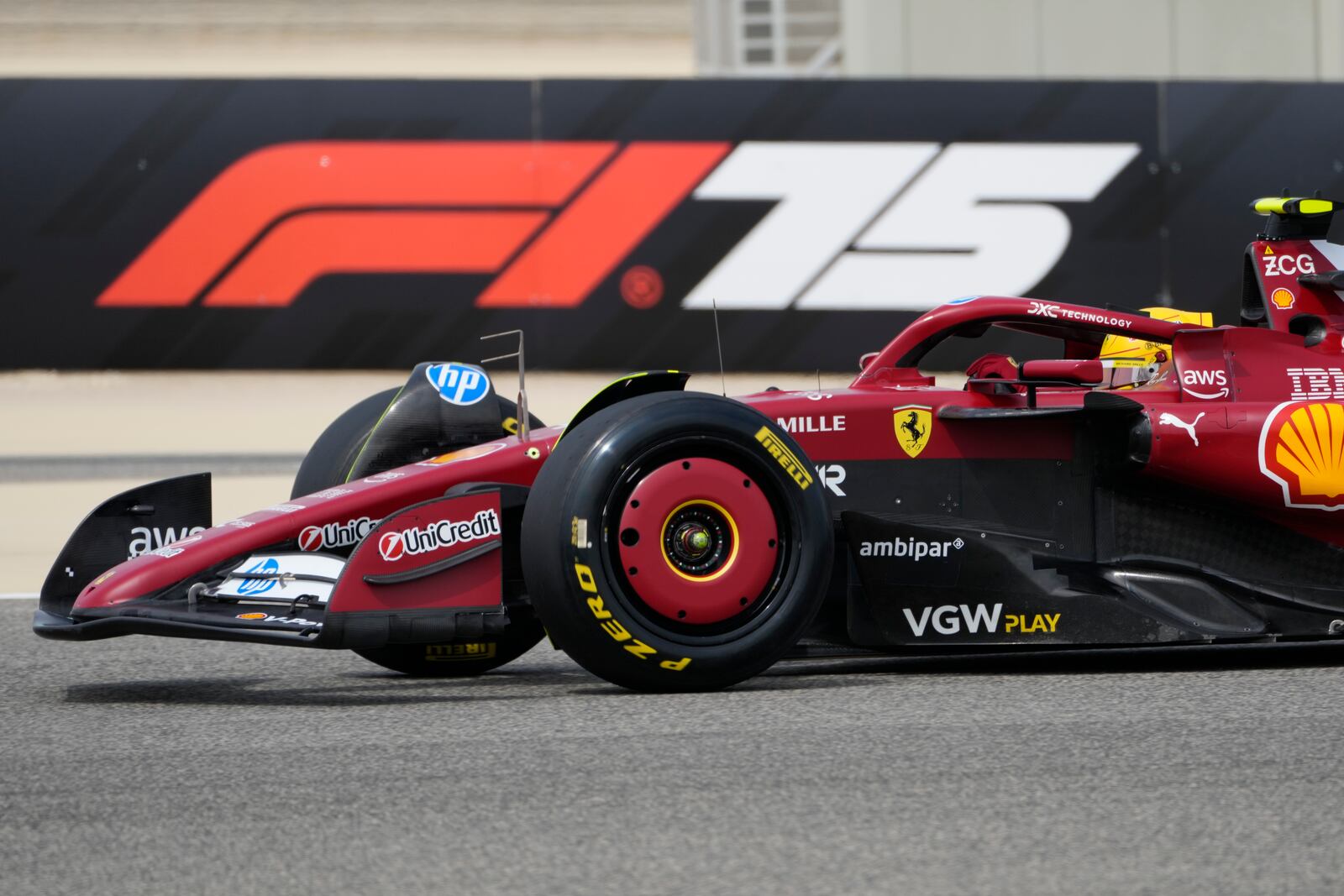 Ferrari driver Lewis Hamilton of Britain in action during a Formula One pre-season test at the Bahrain International Circuit in Sakhir, Bahrain, Wednesday, Feb. 26, 2025. (AP Photo/Darko Bandic)