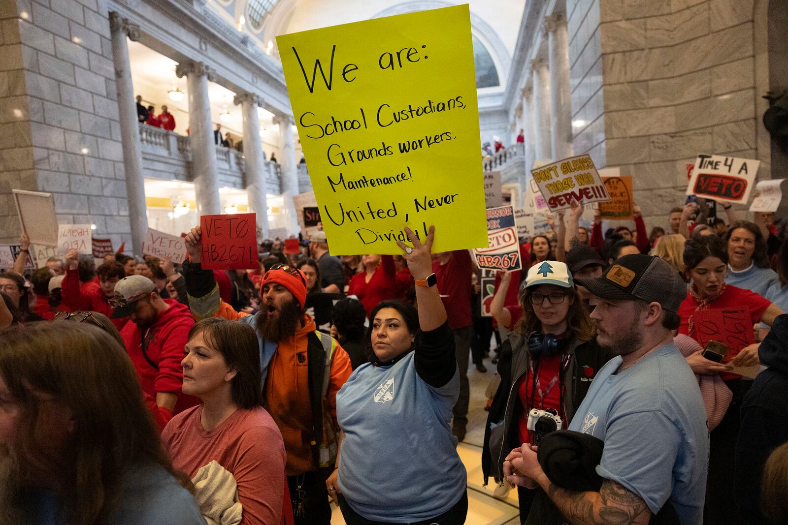 Union members attend a rally at the Capitol in Salt Lake City, Utah, on Friday, Feb. 7, 2025. (Laura Seitz/The Deseret News via AP)