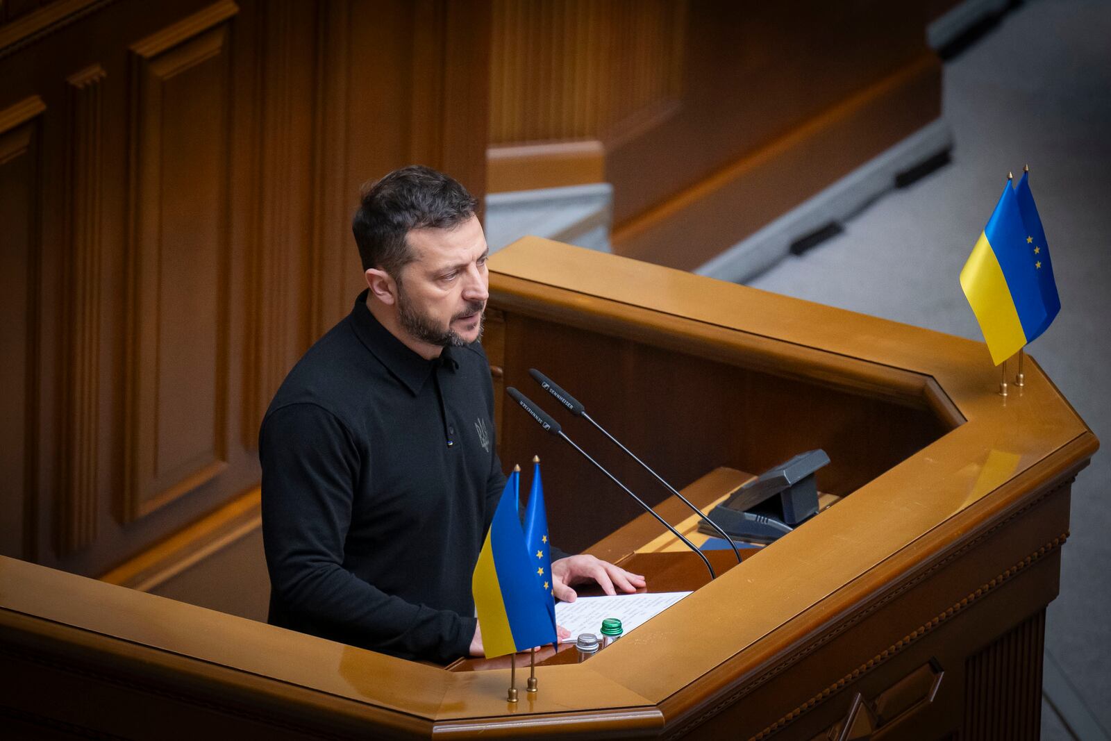 In this photo provided by the Press Service Of The President Of Ukraine on Oct. 16, 2024, Ukraine's President Volodymyr Zelenskyy speaks to parliamentarians at Verkhovna Rada in Kyiv, Ukraine. (Press Service Of The President Of Ukraine via AP)