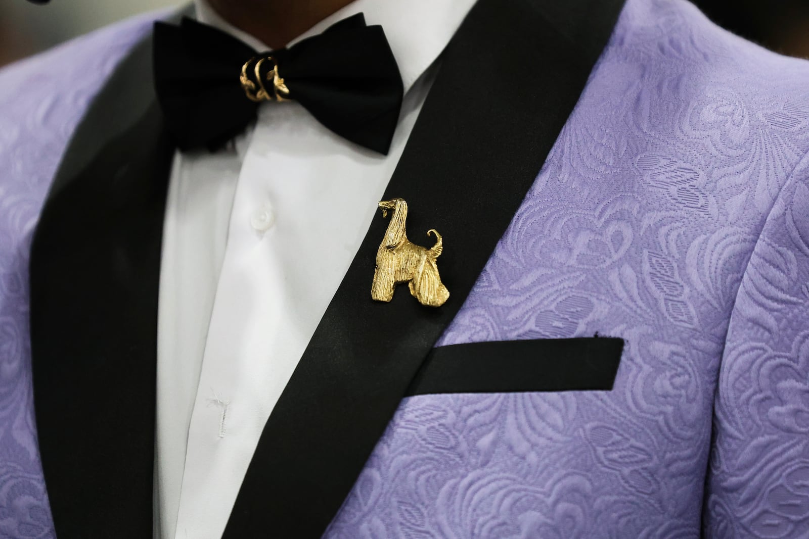 An attendee wears a dog pin during the 149th Westminster Kennel Club Dog show, Monday, Feb. 10, 2025, in New York. (AP Photo/Heather Khalifa)