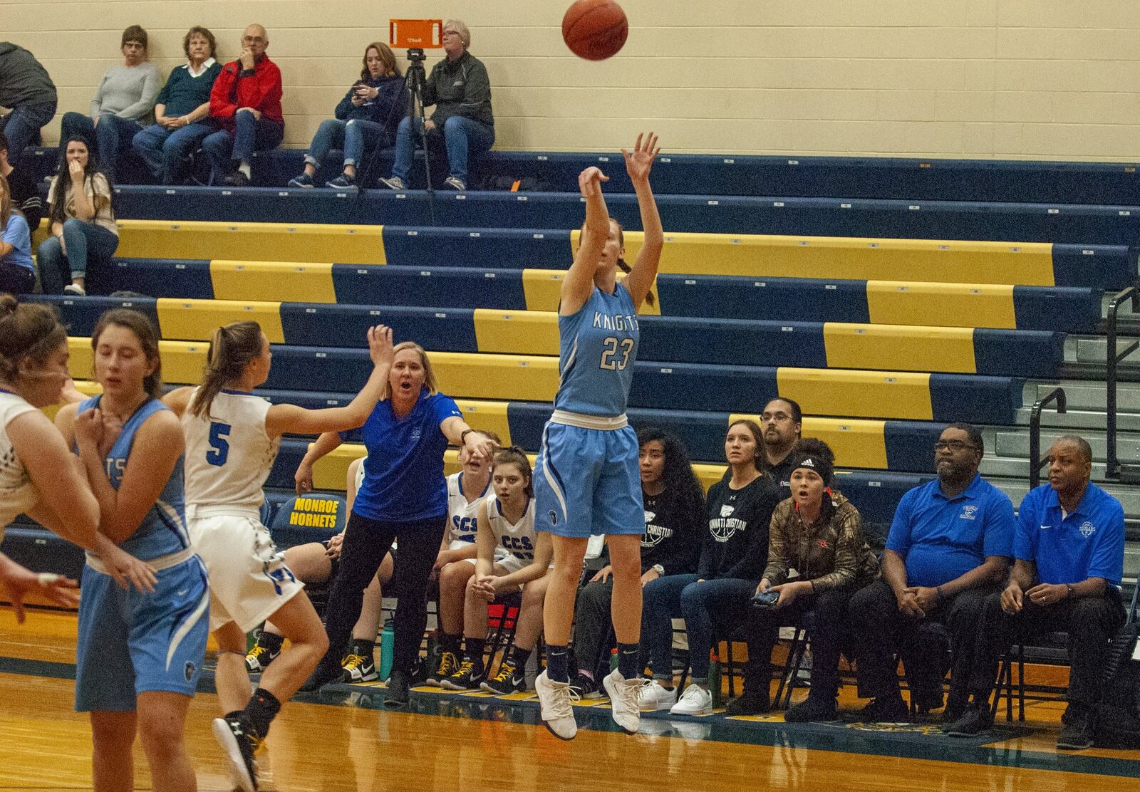 Legacy Christian’s Emma Hess is the Knights’ leading scorer and shoots for three of her game-high 22 points in Tuesday’s 61-29 victory over Cincinnati Christian at Monroe High School. Jeff Gilbert/CONTRIBUTED