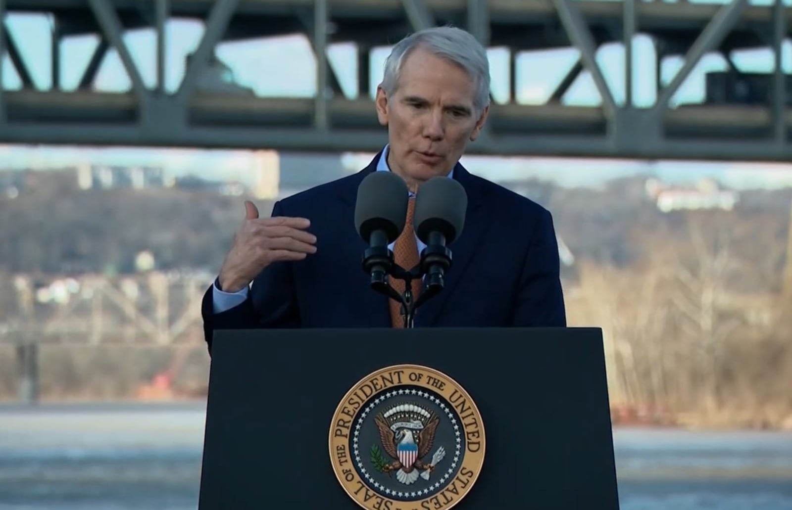 Former U.S. Senator Rob Portman speaks ahead of President Joe Biden in front of the Brent Spence Bridge in Covington, Ky. Jan. 4, 2023. CONTRIBUTED