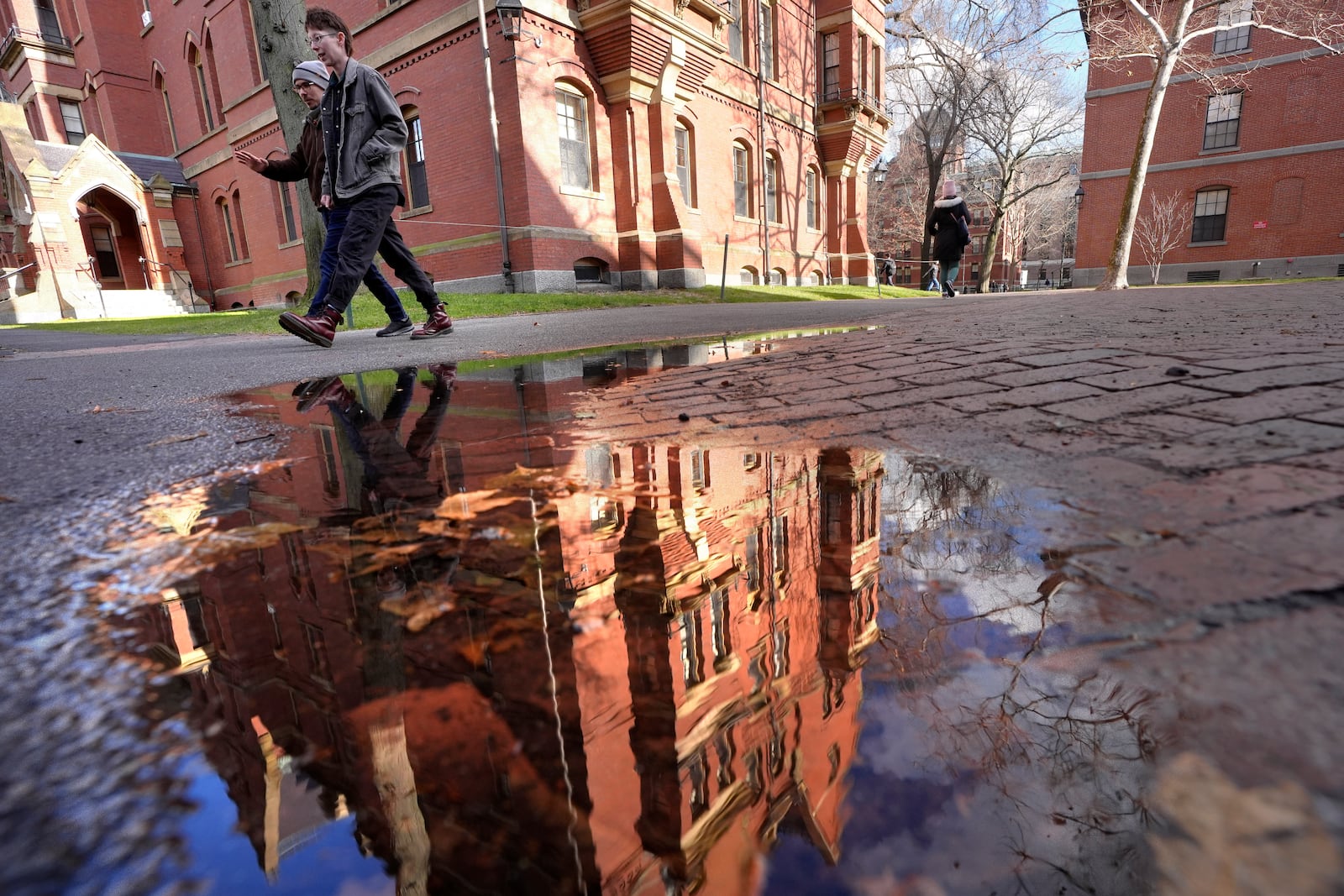 People walk between buildings, Tuesday, Dec. 17, 2024, on the campus of Harvard University in Cambridge, Mass. (AP Photo/Steven Senne)