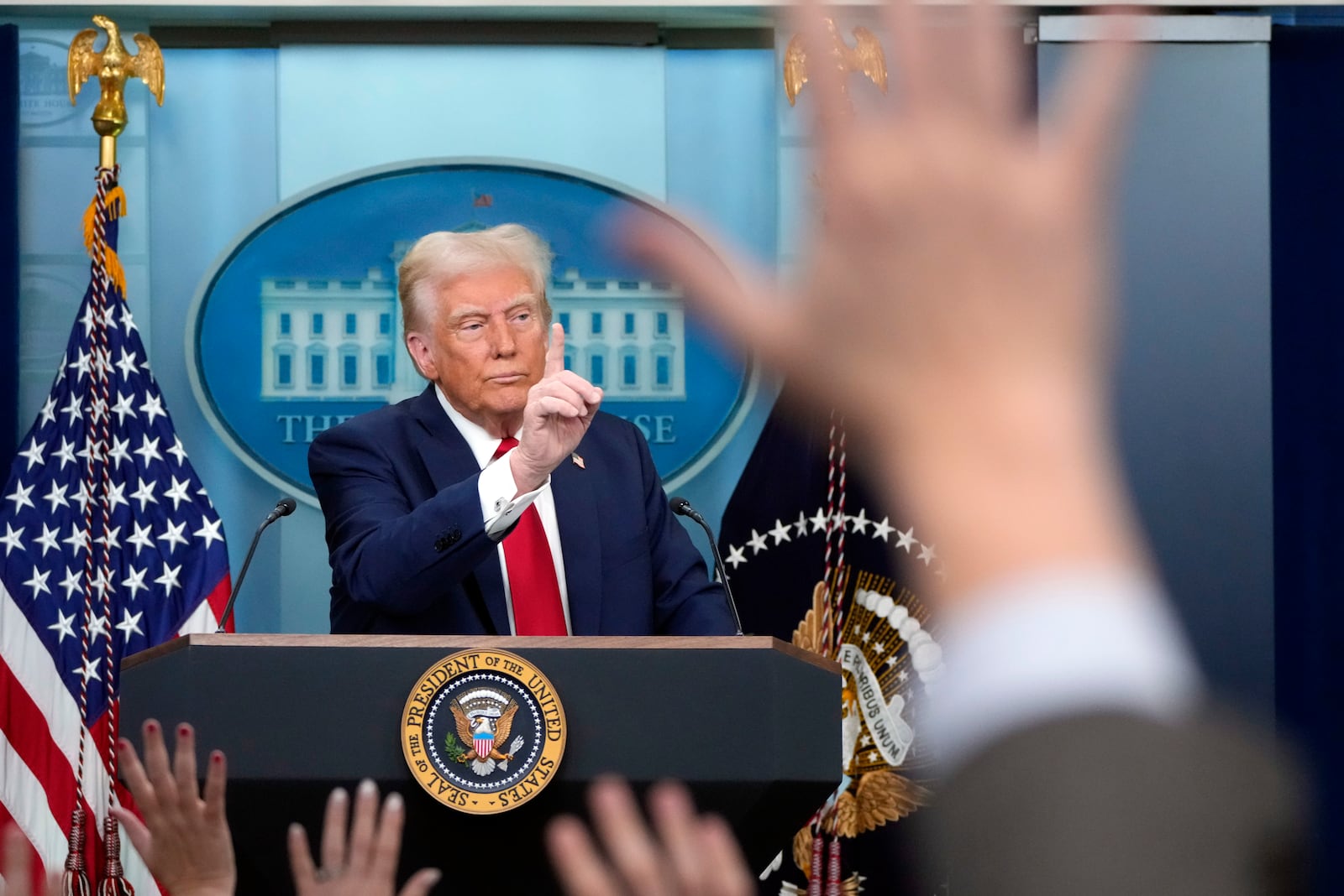 President Donald Trump speaks in the James Brady Press Briefing Room at the White House, Thursday, Jan. 30, 2025, in Washington. (AP Photo/Alex Brandon)