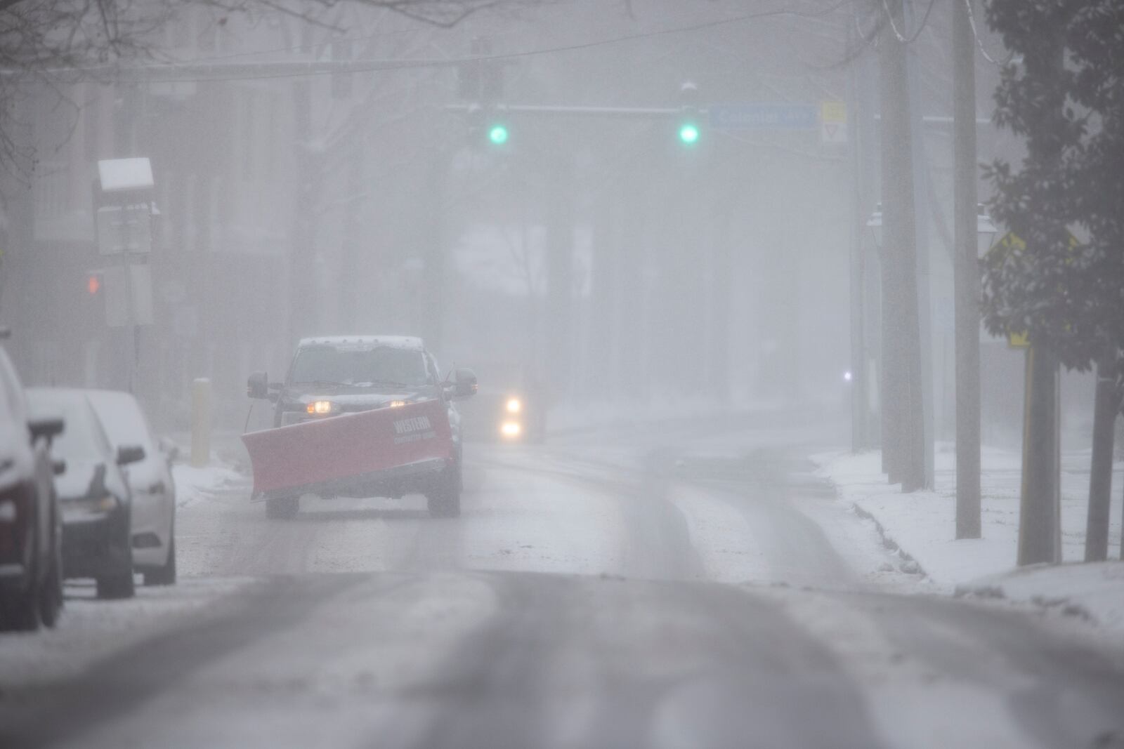 Snow falls over Princess Anne Road in Norfolk, Va., Wednesday Feb. 19, 2025. (Billy Schuerman/The Virginian-Pilot via AP)