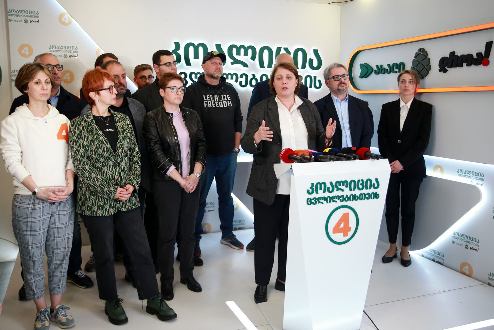 Elene Khoshtaria, chair of United National Movement, speaks to the media at the coalition's headquarters after the parliamentary election in Tbilisi, Georgia, early Sunday, Oct. 27, 2024. (AP Photo/Zurab Tsertsvadze)