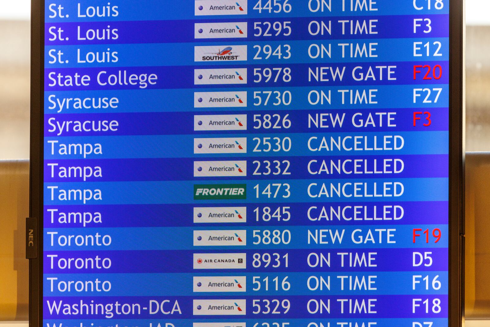 Flight information board with cancelled flights to Tampa is shown on Wednesday, Oct. 9, 2024 at the Philadelphia International Airport. (Alejandro A. Alvarez/The Philadelphia Inquirer via AP)