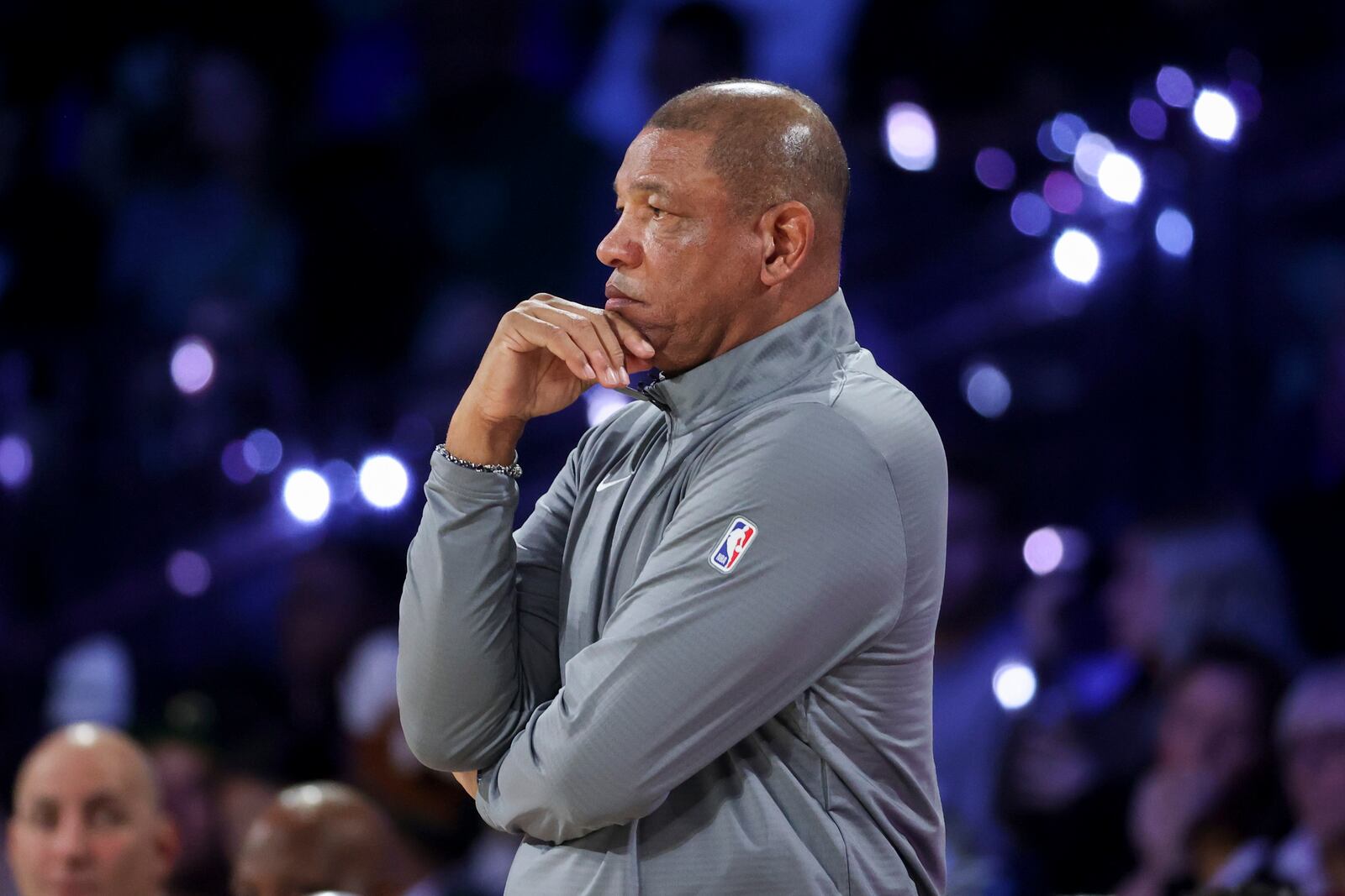 Milwaukee Bucks head coach Doc Rivers watches his team play during the first half of the championship game against the Oklahoma City Thunder in the NBA Cup basketball tournament Tuesday, Dec. 17, 2024, in Las Vegas. (AP Photo/Ian Maule)