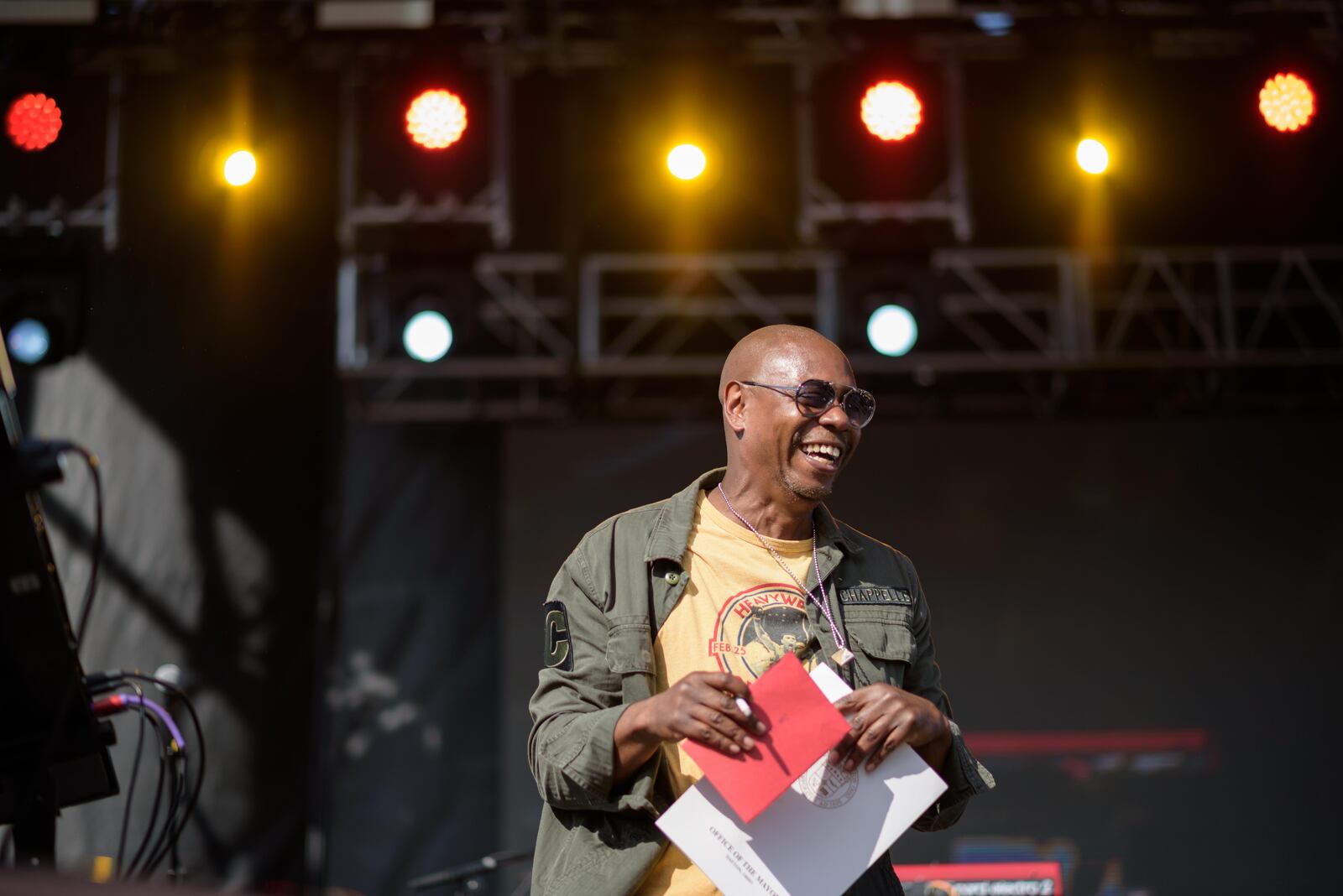 Dave Chappelle hosted the Gem City Shine benefit concert in Dayton's Oregon District on Sunday, Aug. 25, 2019.  Stevie Wonder, Chance the Rapper, Thundercat and Teyana Taylor were among the performers and there were also appearances made by Jon Stewart, Chris Rock, Fonzworth Bentley and more. TOM GILLIAM / CONTRIBUTING PHOTOGRAPHER