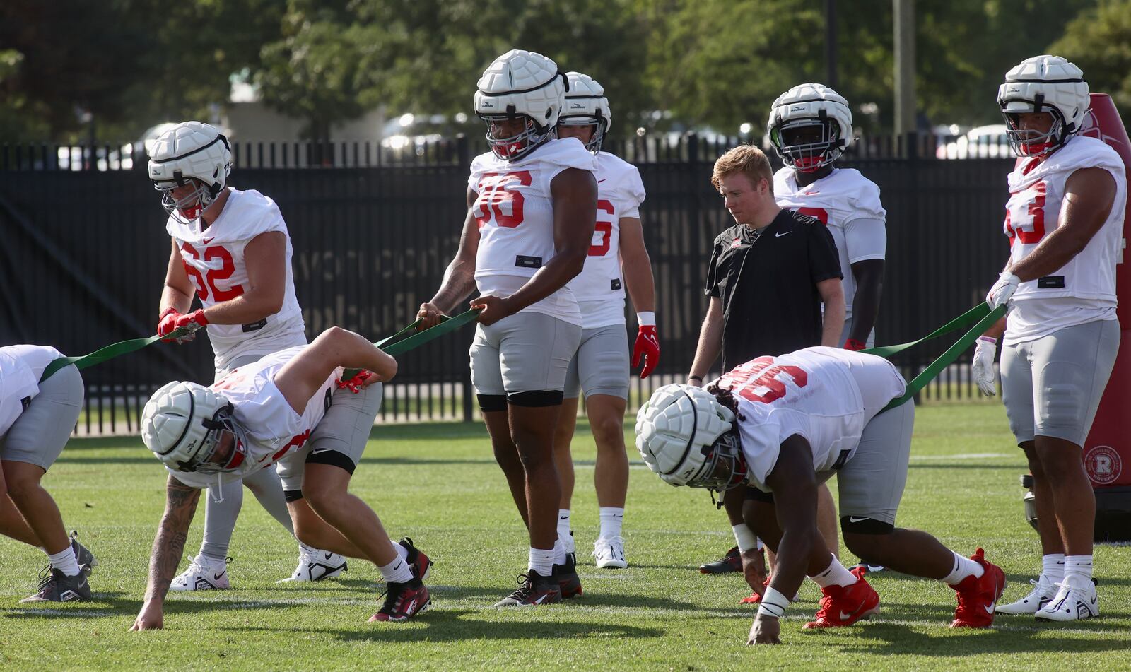 Defensive lineman work at the first Ohio State football practice of the season on Thursday, Aug. 1, 2024, at the Woody Hayes Athletic Center in Columbus. David Jablonski/Staff