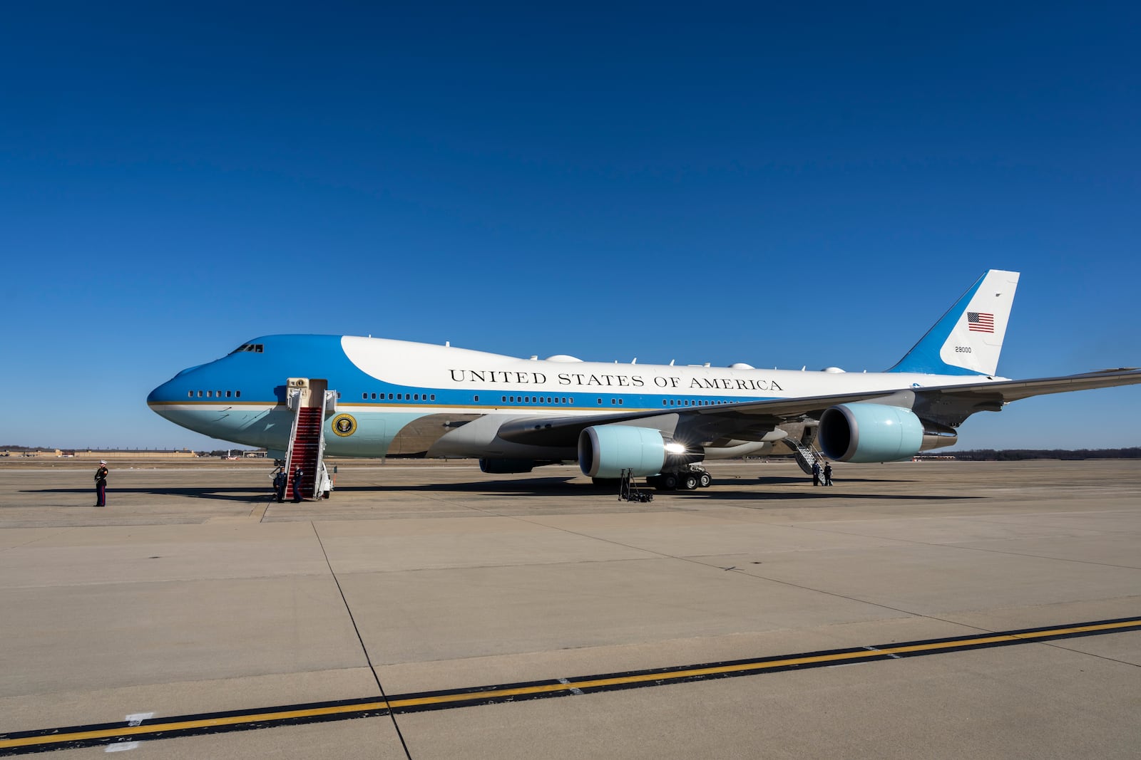 Air Force One is prepared for the arrival of President Donald Trump at Joint Base Andrews, Md., Friday, Feb. 14, 2025. (AP Photo/Ben Curtis)