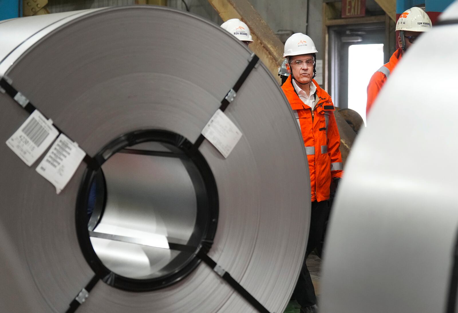 Canadian Prime Minister designate Mark Carney tours the ArcelorMittal Dofasco steel plant in Hamilton, Ontario, on Wednesday, March 12, 2025. (Nathan Denette/The Canadian Press via AP)