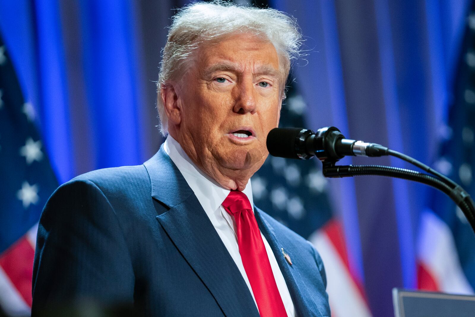 President-elect Donald Trump speaks during a meeting with the House GOP conference, Wednesday, Nov. 13, 2024, in Washington. (Allison Robbert/Pool via AP)