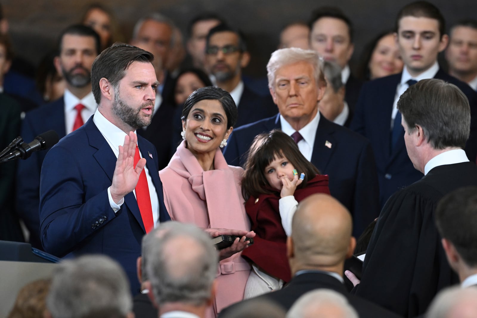 J.D. Vance takes the oath of office as Vice President during the 60th Presidential Inauguration in the Rotunda of the U.S. Capitol in Washington, Monday, Jan. 20, 2025. (Saul Loeb/Pool photo via AP)