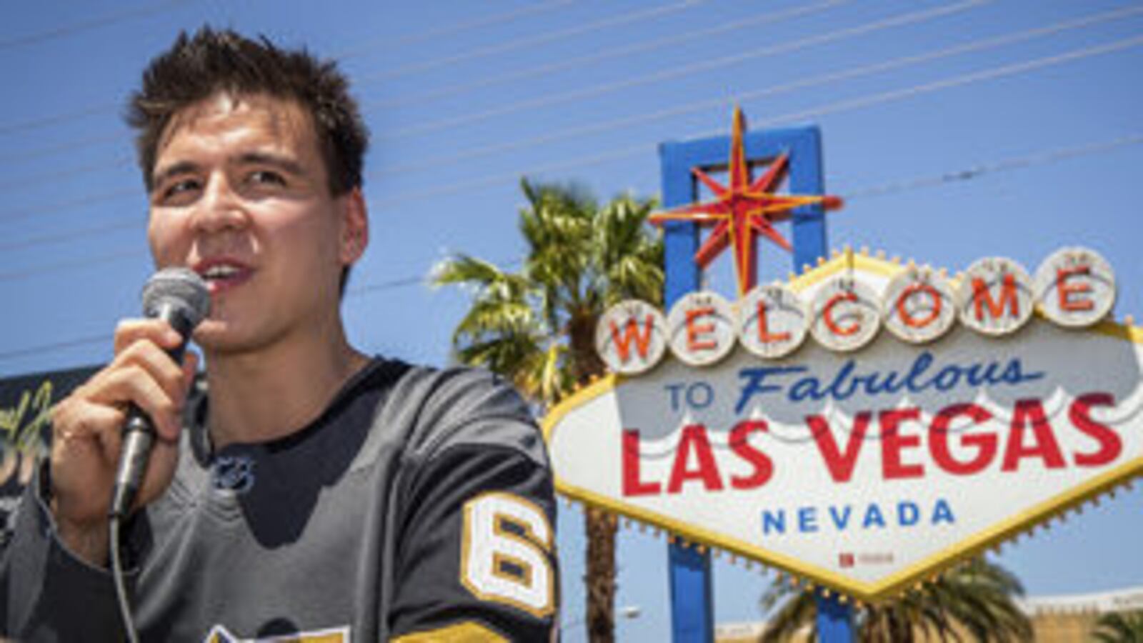 In this May 2, 2019, file photo, "Jeopardy!" sensation James Holzhauer speaks after being presented with a key to the Las Vegas Strip in front of the Welcome to Fabulous Las Vegas sign in Las Vegas. 

(Credit: Caroline Brehman/Review-Journal via AP)