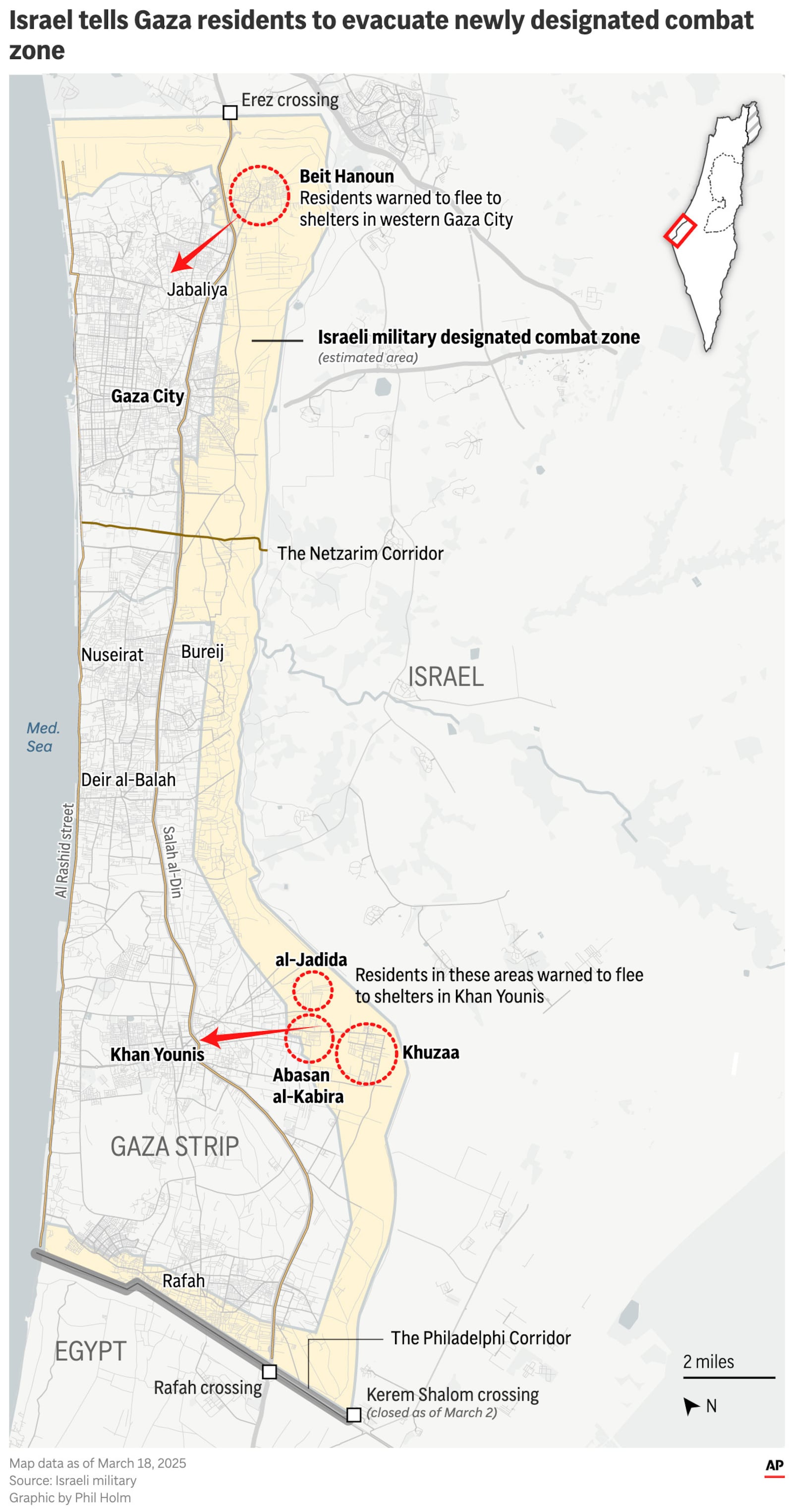 The map above shows the newly designated combat zone in Gaza and evacuation orders for neighborhoods within the zone. (AP Graphic)