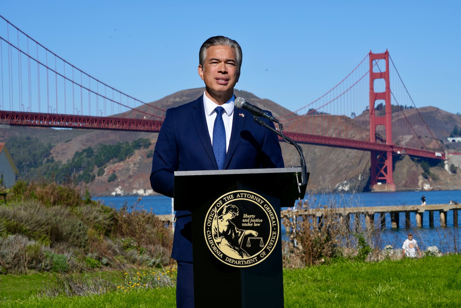 California Attorney General Rob Bonta speaks at a news conference in front of the Golden Gate Bridge in San Francisco on Thursday, Nov. 7, 2024. (AP Photo/Terry Chea)