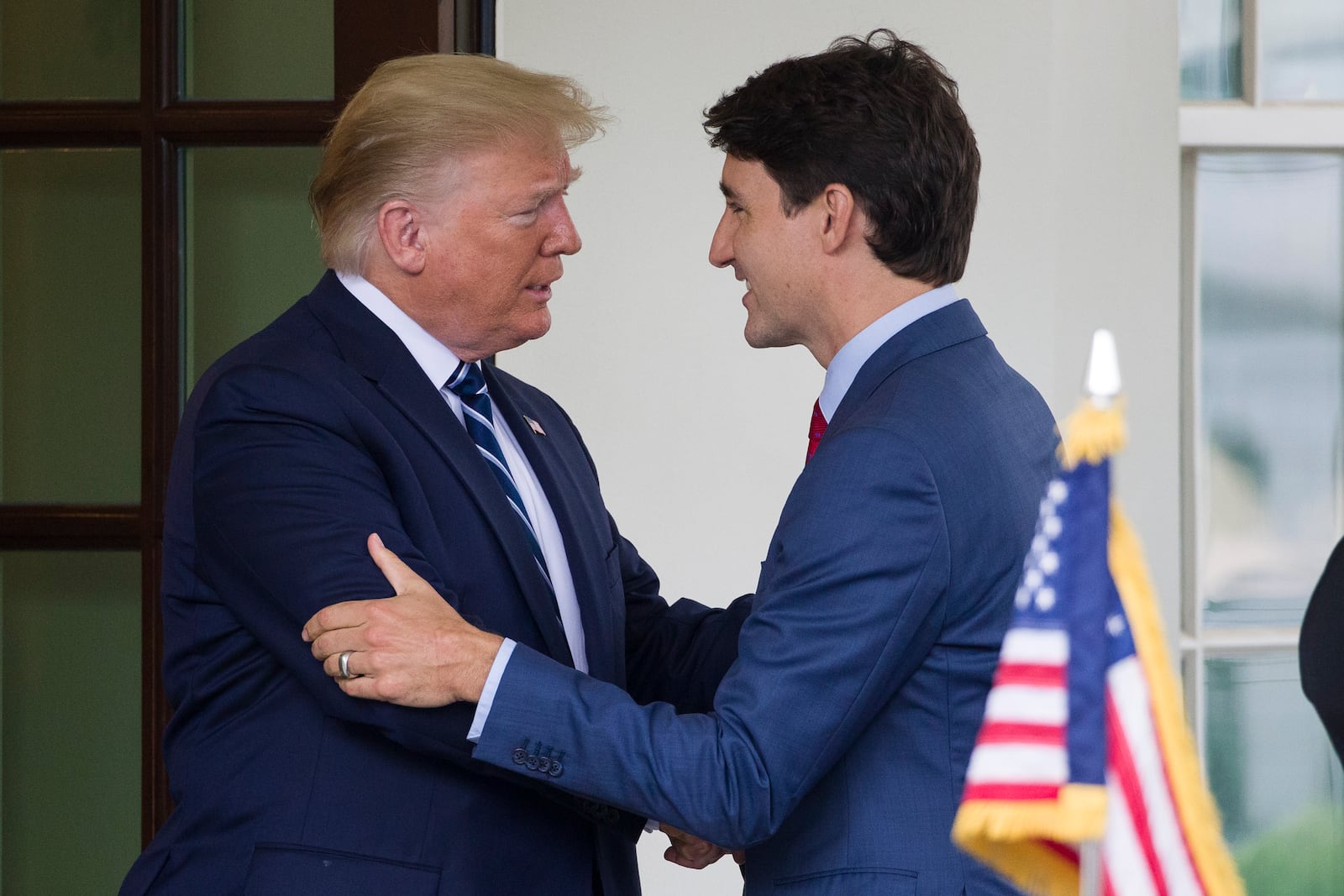 FILE - President Donald Trump greets Canadian Prime Minister Justin Trudeau upon his arrival at the White House, June 20, 2019, in Washington. (AP Photo/Alex Brandon, File)