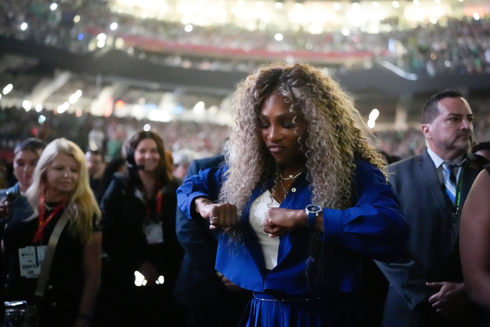 Serena Williams dances during halftime of the NFL Super Bowl 59 football game between the Kansas City Chiefs and the Philadelphia Eagles, Sunday, Feb. 9, 2025, in New Orleans. (AP Photo/George Walker IV)