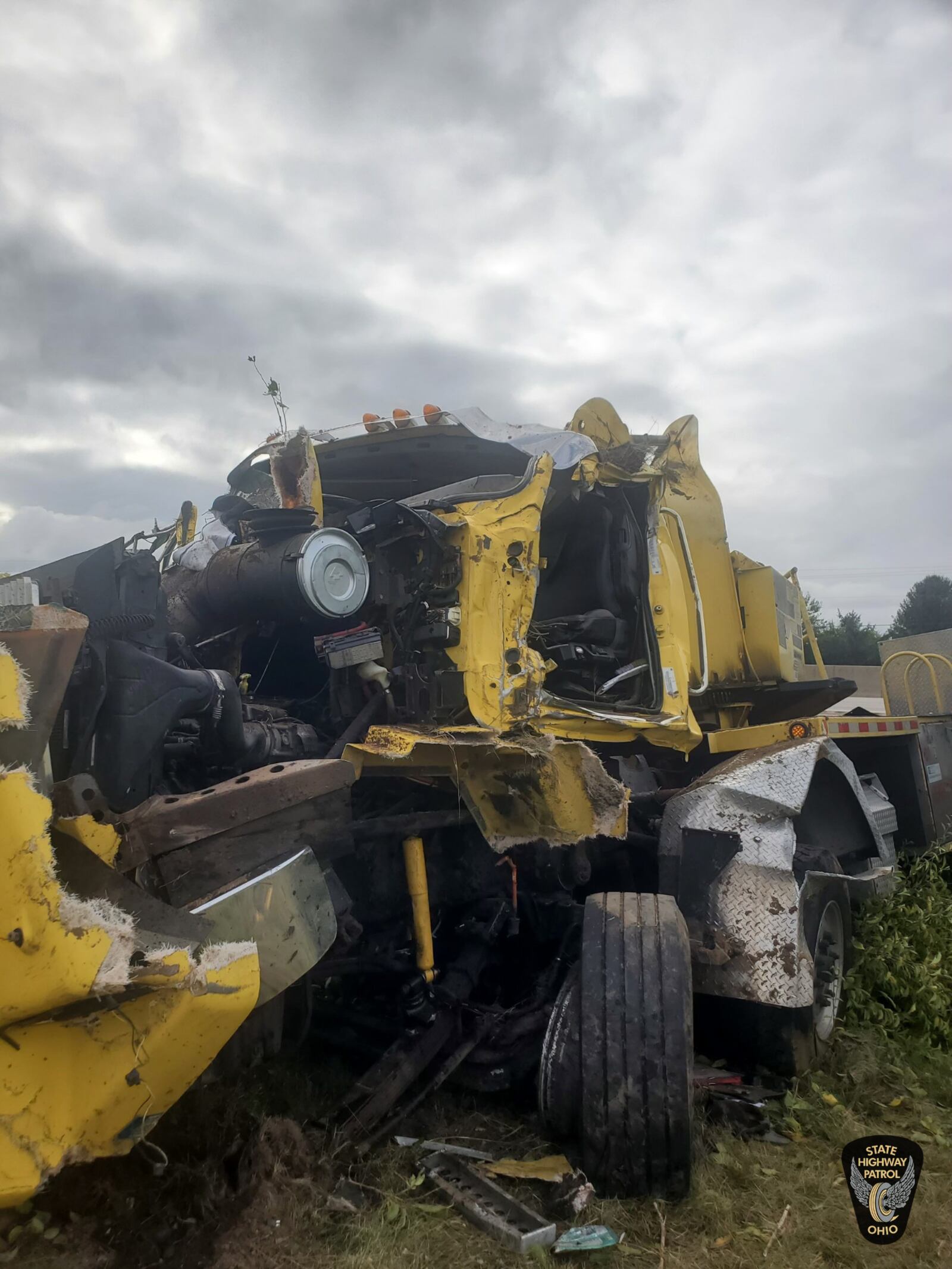 A man was taken to the hospital in non-life-threatening injuries after a semi-truck with a mobile crane crashed on Interstate 70 West in Clark County on Sunday, Oct. 15, 2023. Photo courtesy the Ohio State Highway Patrol.