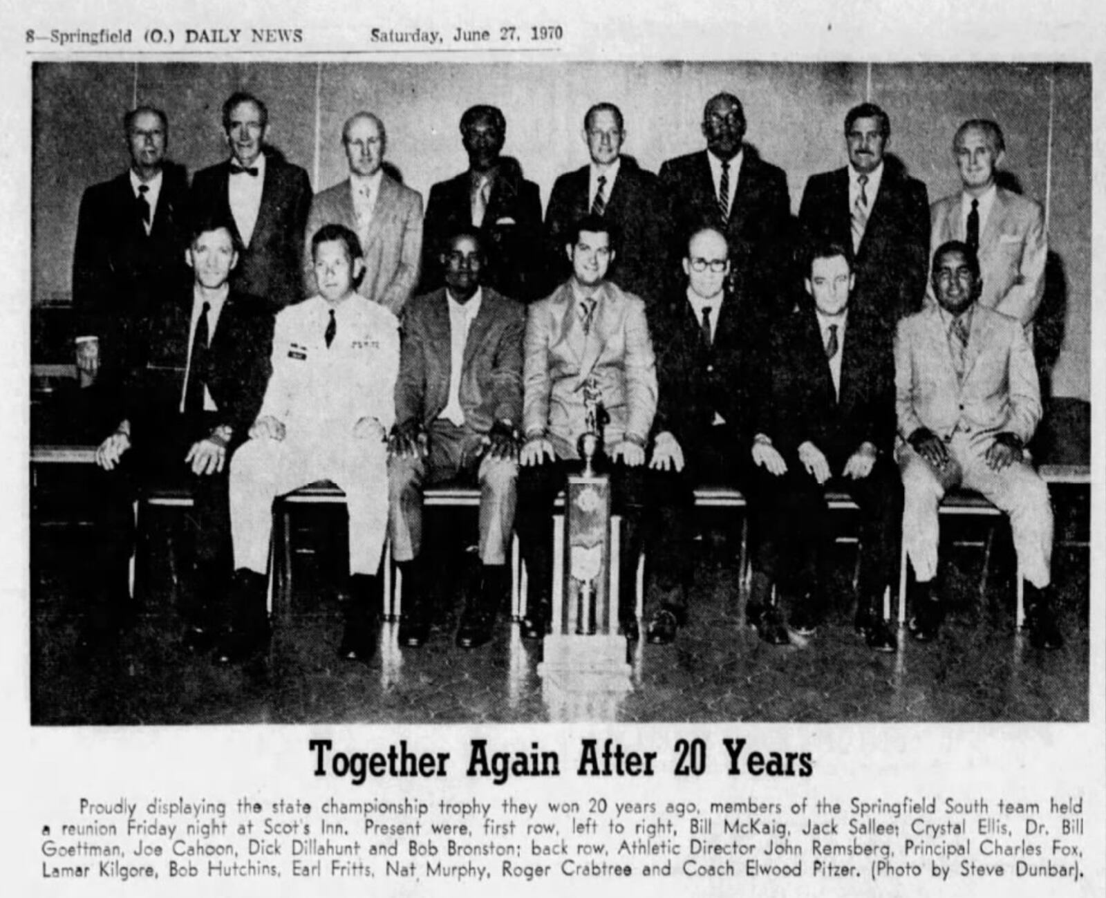 Springfield's 1950 state championship basketball team. Springfield News-Sun, June 27, 1970.