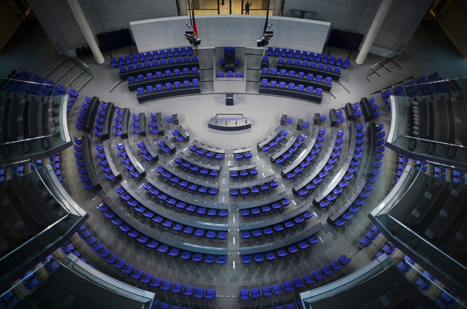 FILE - General view inside the empty plenary hall of the German parliament Bundestag at the Reichstag building in Berlin, Germany, Nov. 17, 2021. (AP Photo/Markus Schreiber, File)