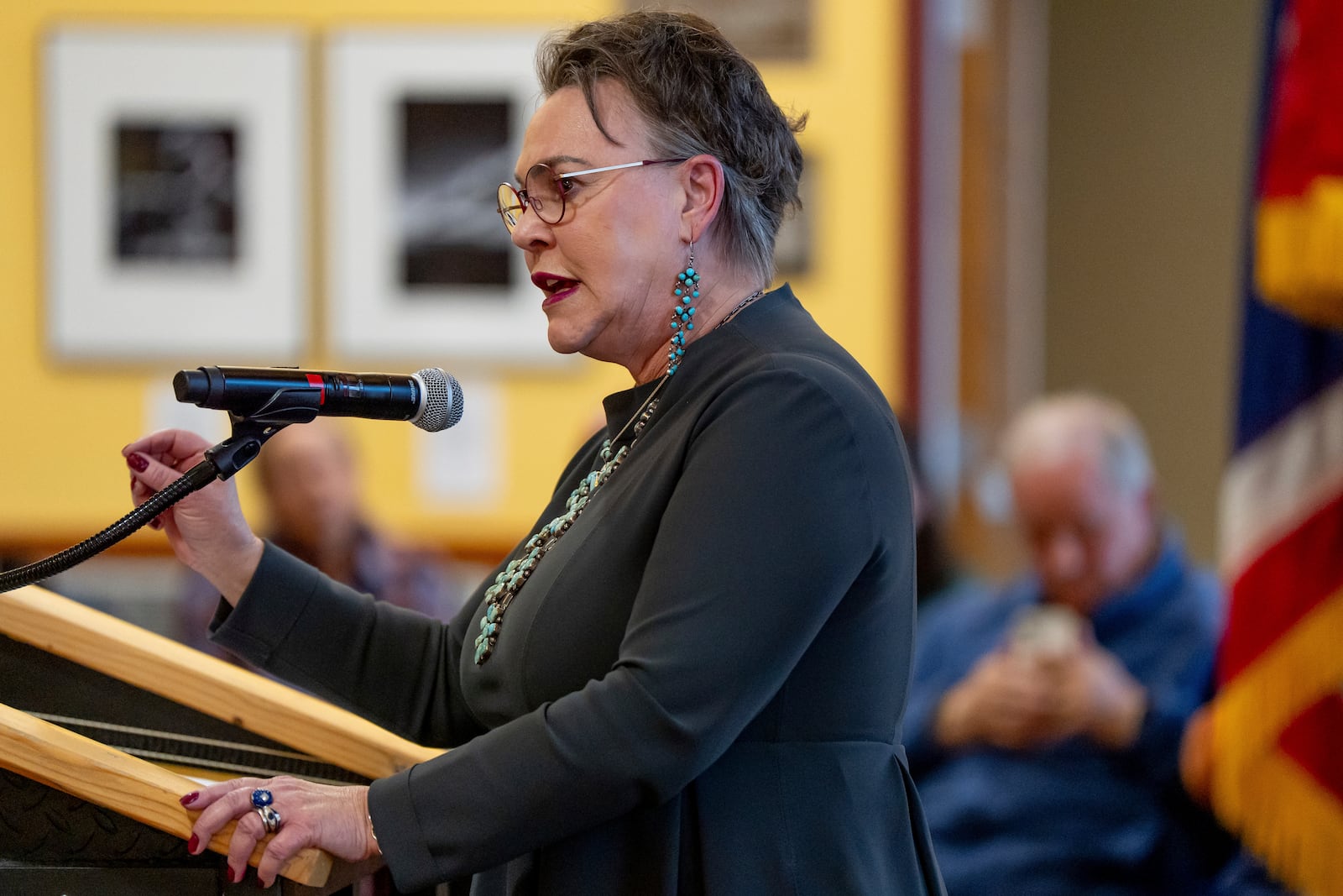 Rep. Harriet Hageman, R-Wyo., holds a town hall meeting on Friday, March 14, 2025, in Evanston, Wyo. (AP Photo/Spenser Heaps)