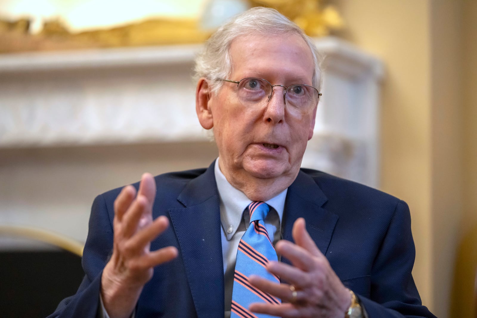 FILE - Senate Minority Leader Mitch McConnell of Ky., speaks during an interview with the Associated Press at his office in the Capitol, Nov. 6, 2023 in Washington. (AP Photo/Mark Schiefelbein, File)