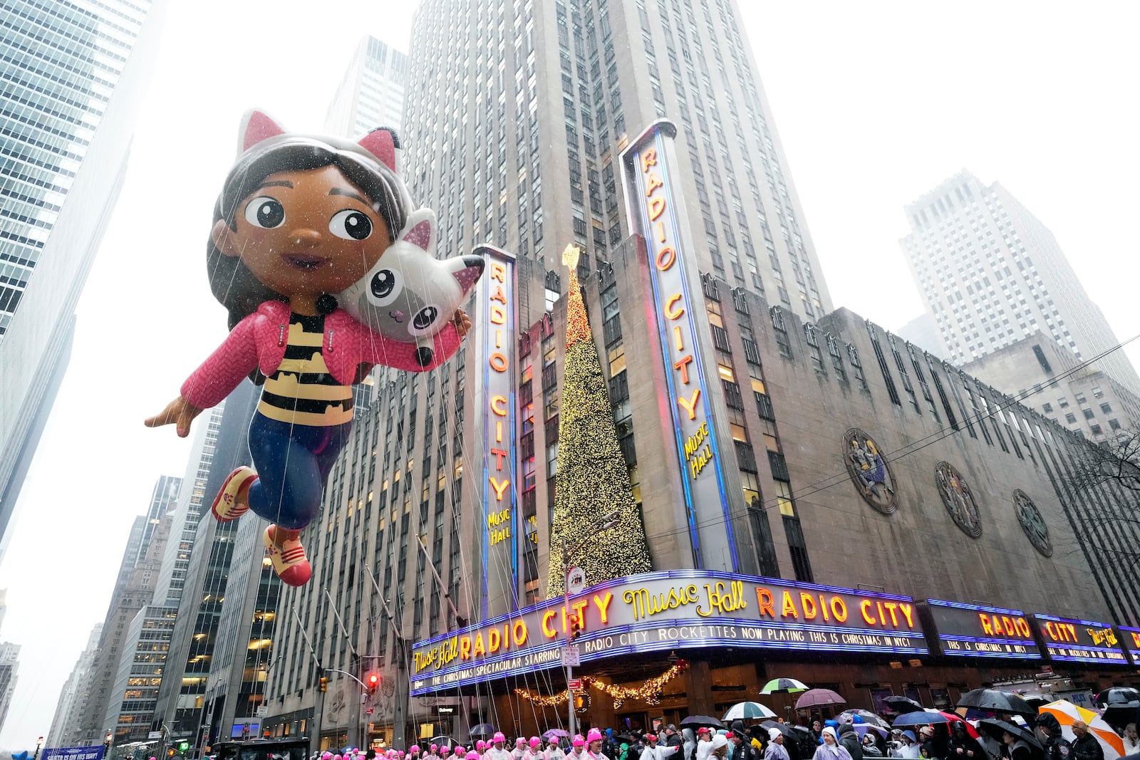 The Gabby and Pandy balloon floats in the Macy's Thanksgiving Day Parade on Thursday, Nov. 28, 2024, in New York. (Photo by Charles Sykes/Invision/AP)