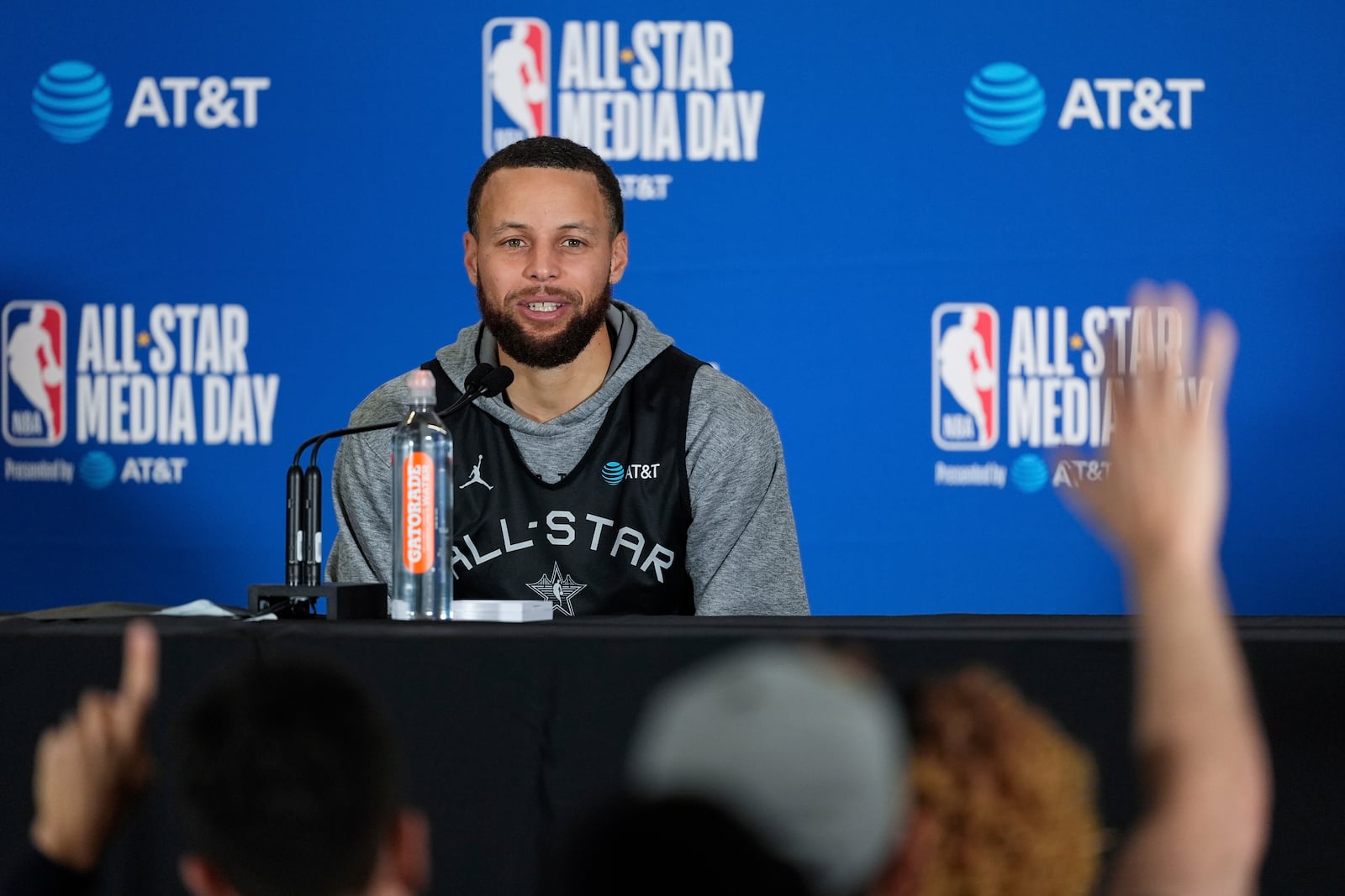 Stephen Curry, of the Golden State Warriors, speaks to media during the NBA All-Star game media day, Saturday, Feb. 15, 2025, in Oakland, Calif. (AP Photo/Godofredo A. Vásquez)