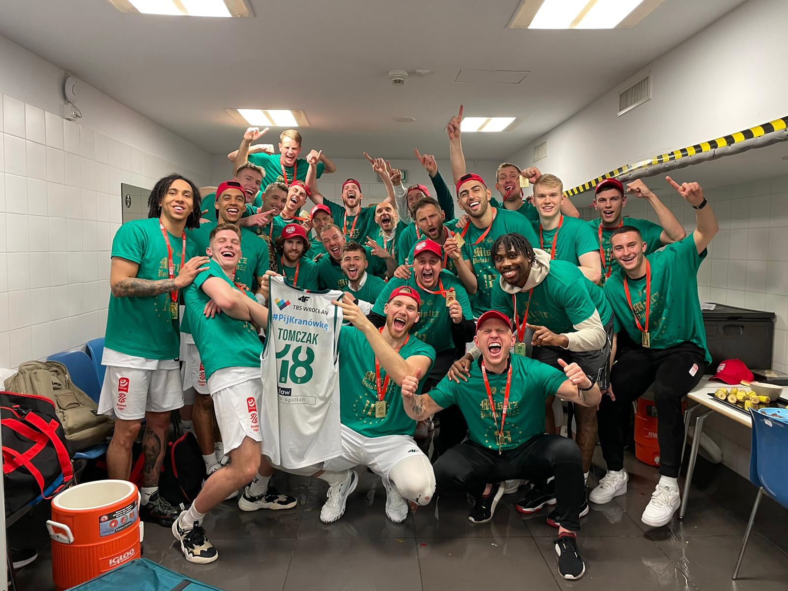 Travis Trice, D'Mitrik Trice and WKS Śląsk Wrocław celebrate after winning a championship in Poland. Photo courtesy of WKS Śląsk Wrocław