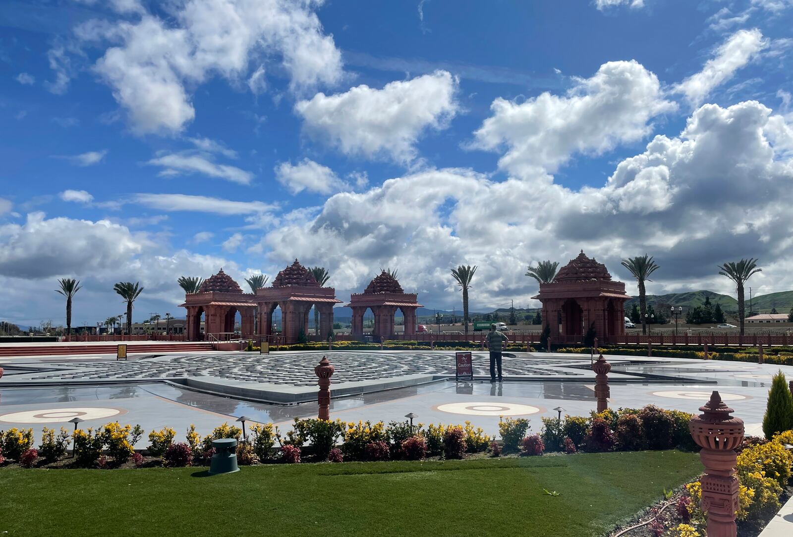 The 20-acre campus of the BAPS Shri Swaminarayan Mandir in Chino Hills, the largest Hindu temple in California, with its 91-foot lotus-shaped pond on March 13, 2025. (AP Photo/Deepa Bharath)