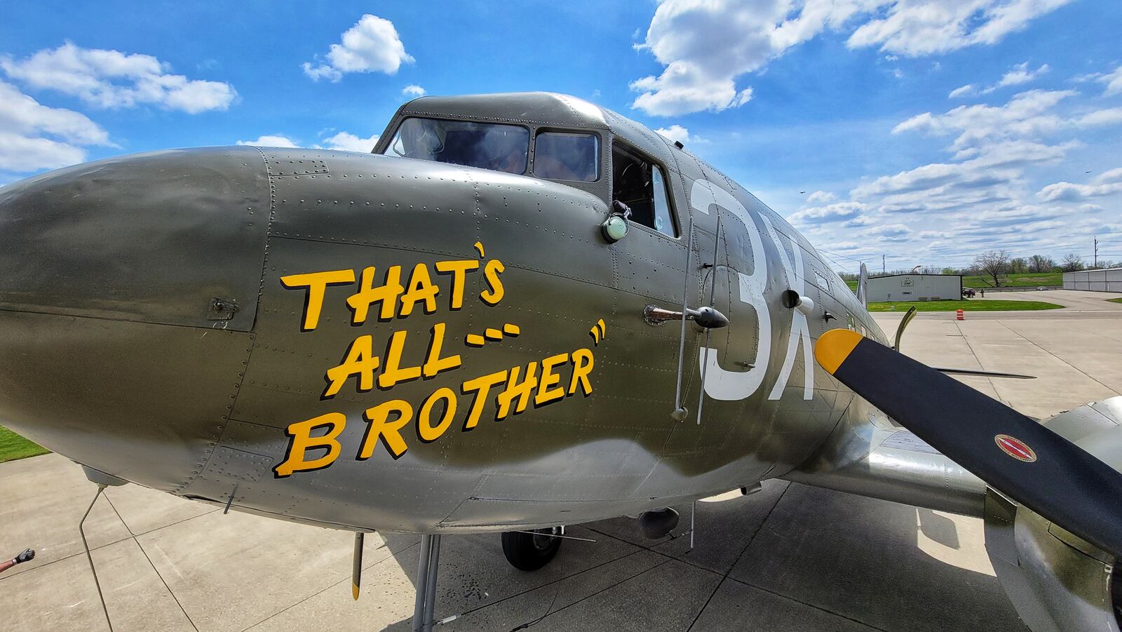 That’s All, Brother, a C-47 piloted by Lt. Col. John Donalson, arrived at Butler County Regional Airport Friday, April 16 for a three-day visit with tours and rides available. The historic WWII C-47 aircraft led over 800 C-47’s over the drop zones of Normandy, France on D-Day on June 6th, 1944. NICK GRAHAM / STAFF