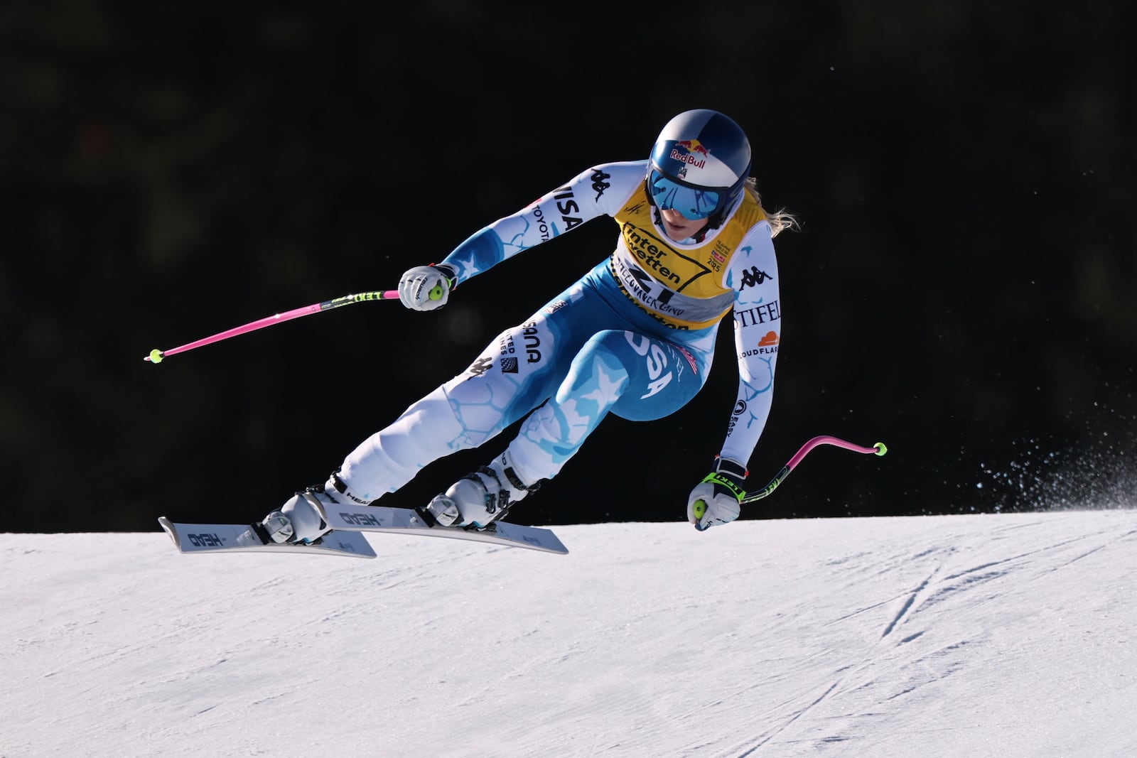 United States' Lindsey Vonn speeds down the course during a women's downhill race, at the Alpine Ski World Championships, in Saalbach-Hinterglemm, Austria, Saturday, Feb. 8, 2025. (AP Photo/Marco Trovati)