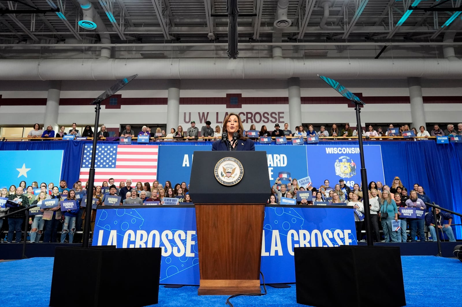 Democratic presidential nominee Vice President Kamala Harris speaks during a campaign rally at the University of Wisconsin La Crosse, in La Crosse, Wis., Thursday, Oct. 17, 2024. (AP Photo/Jacquelyn Martin)