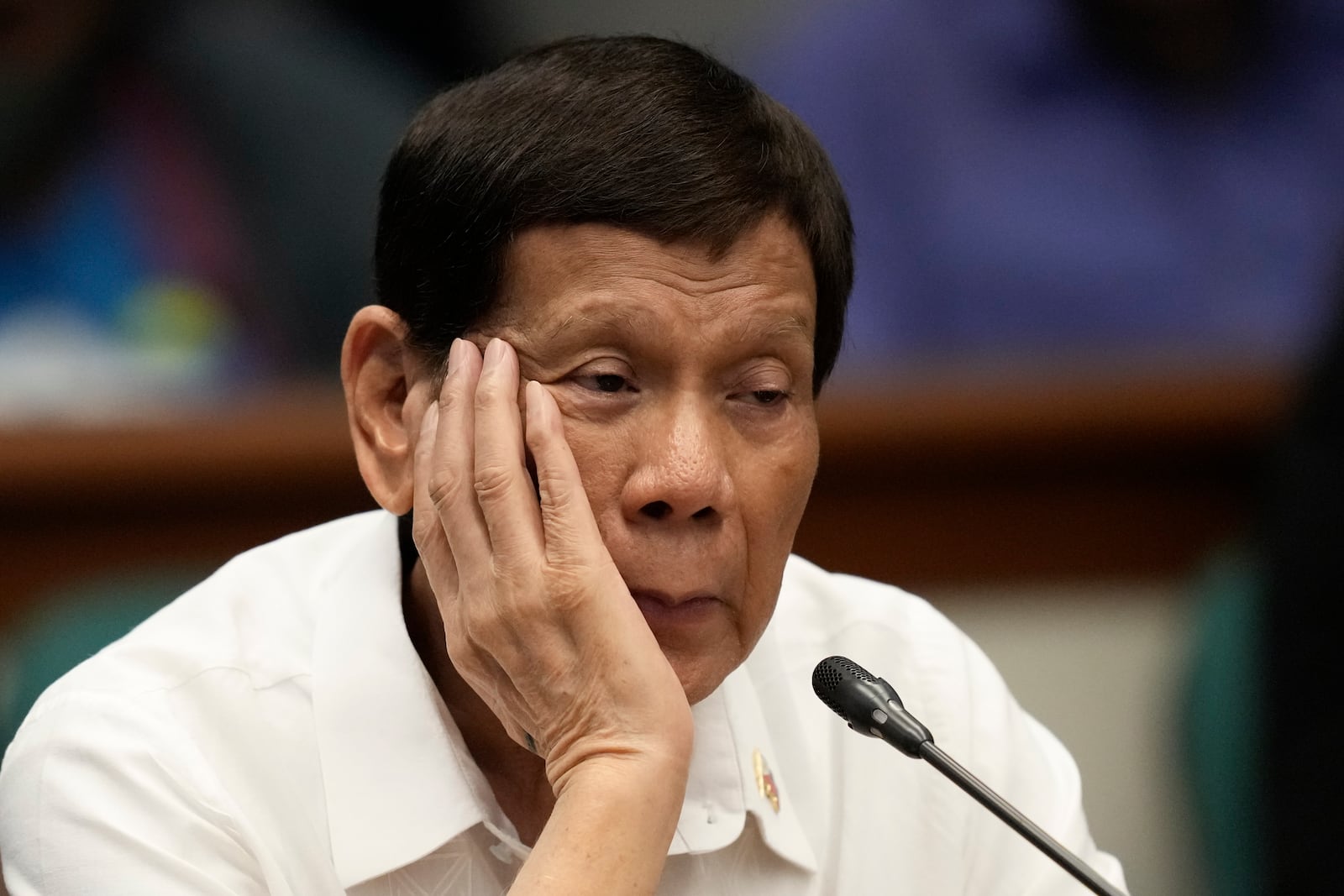 Former Philippine President Rodrigo Duterte attends a senate inquiry on the so-called war on drugs during his administration at the Philippine Senate Monday, Oct. 28, 2024, in Manila, Philippines. (AP Photo/Aaron Favila)