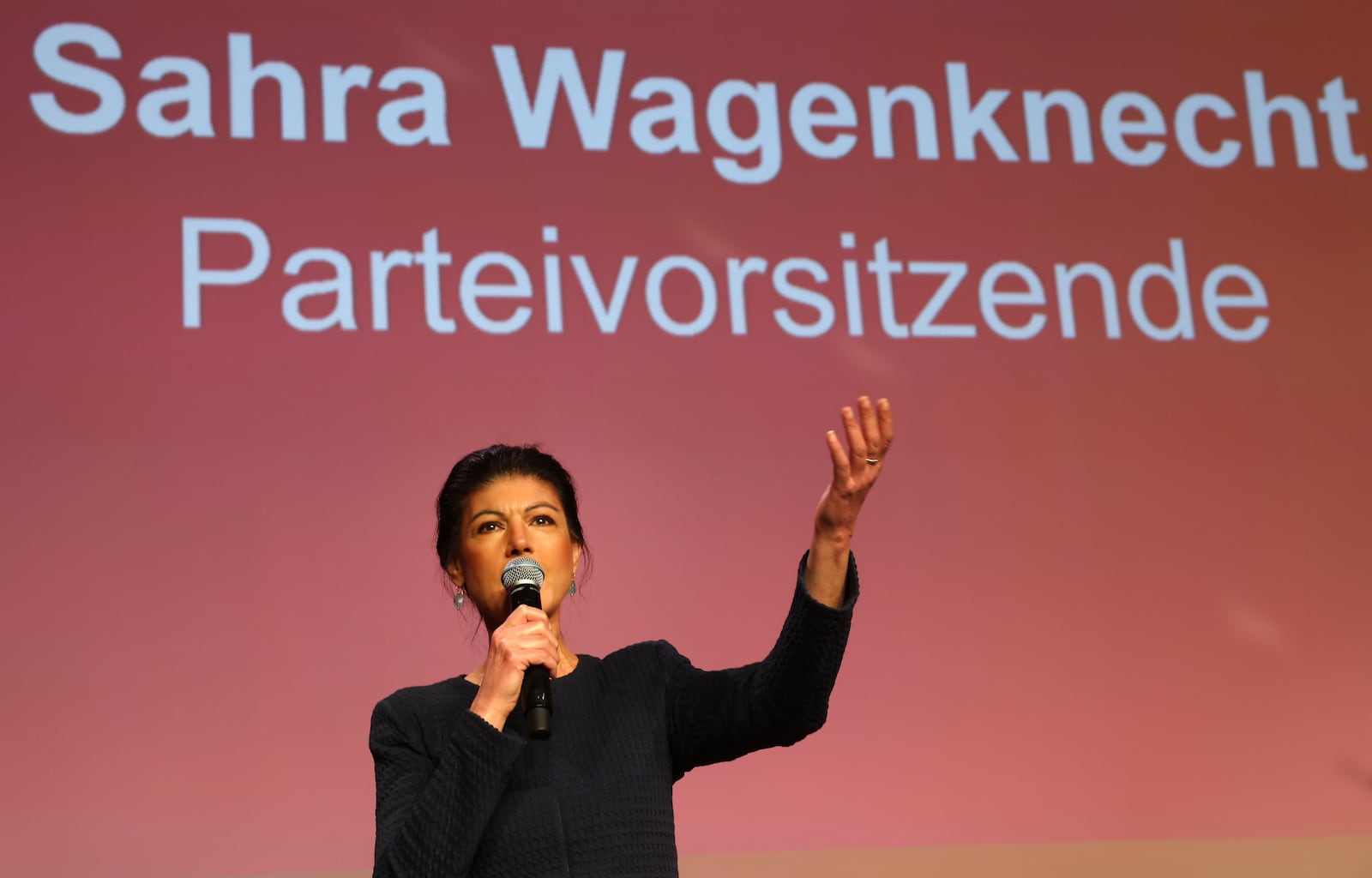 Sahra Wagenknecht, leader of the Sahra Wagenknecht Alliance (BSW) speaks during the party's election party in Berlin, Germany, Subday, Feb 23, 2025. Slogan reads: 'Sahra Wagenknecht Party Chairwoman' (Jens Buettner/dpa via AP)