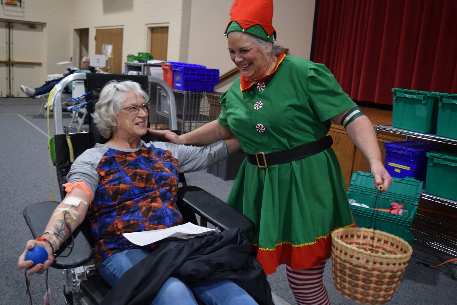 Ginny Coffman with Elf Patricia Campbell Yeary at the Maiden Lane Church of God drive in Springfield. Contributed/Community Blood Drive.