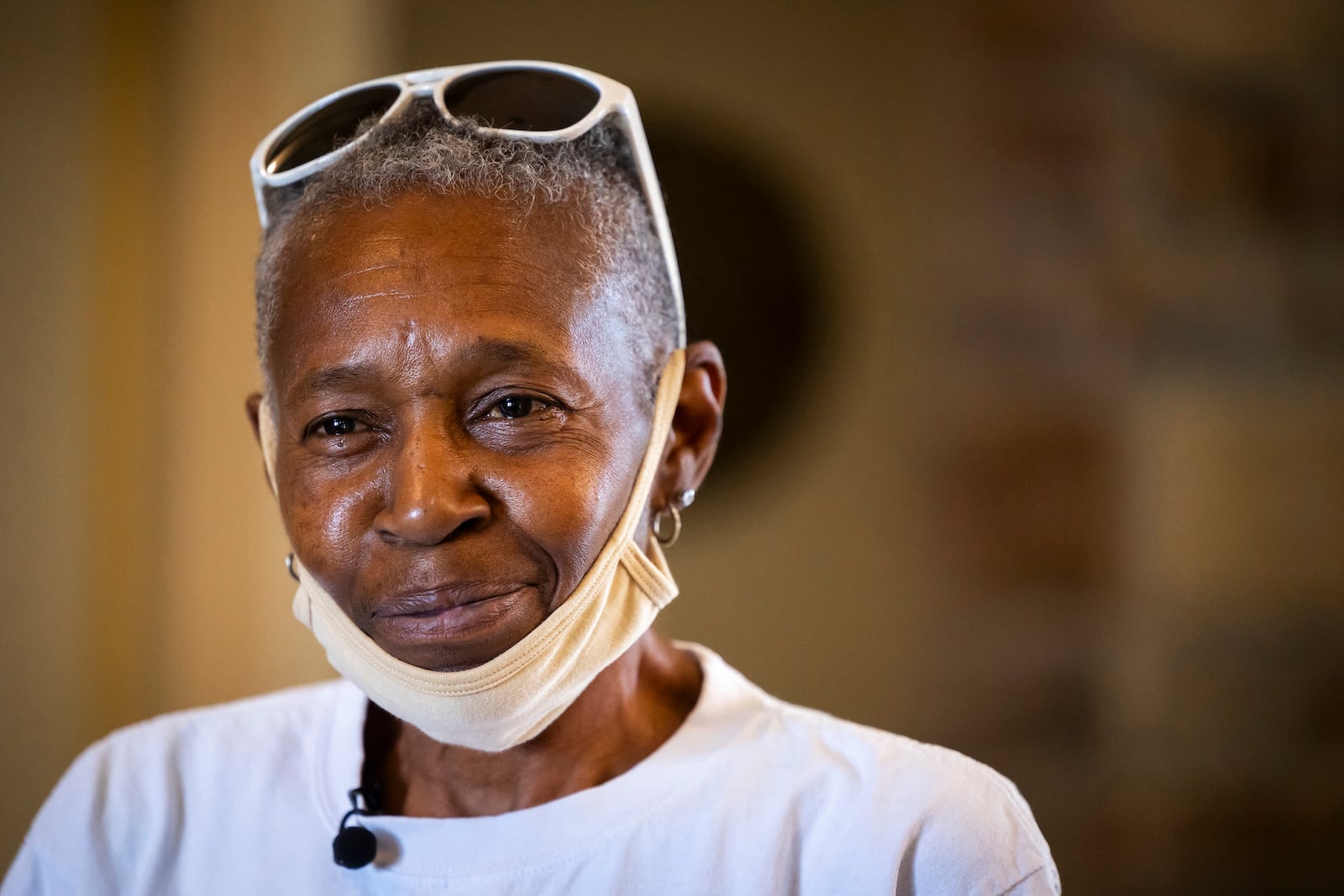 Sharon Burks smiles as she thinks about the help she needed and received after Hurricane Beryl during an interview at Commons of Grace Senior on Wednesday, Sept. 25, 2024, in Houston. (AP Photo / Annie Mulligan)