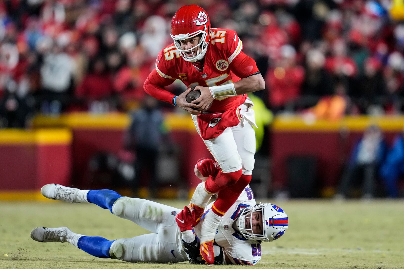 Buffalo Bills linebacker Matt Milano (58) sacks Kansas City Chiefs quarterback Patrick Mahomes (15) during the second half of the AFC Championship NFL football game, Sunday, Jan. 26, 2025, in Kansas City, Mo. (AP Photo/Ashley Landis)