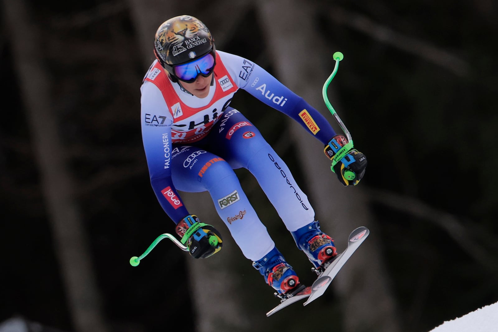 Italy's Federica Brignone speeds down the course during an alpine ski, women's World Cup downhill, in Garmisch, Germany, Saturday, Jan. 25, 2025. (AP Photo/Giovanni Maria Pizzato)