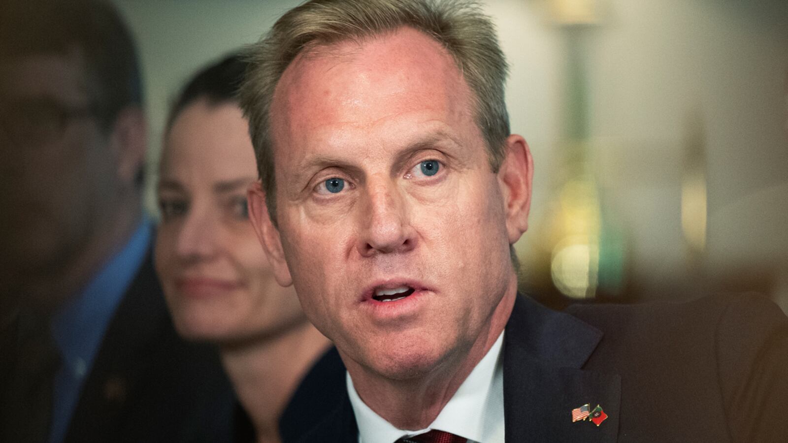 FILE - In this Feb. 14, 2019 file photo, acting Secretary of Defense Patrick Shanahan speaks about the situation in the Persian Gulf region during a meeting with Portuguese Minister of National Defense Joao Cravinho, at the Pentagon. President Donald Trump announced on June 18 that Shanahan will not move forward with the confirmation process to be Defense Secretary.