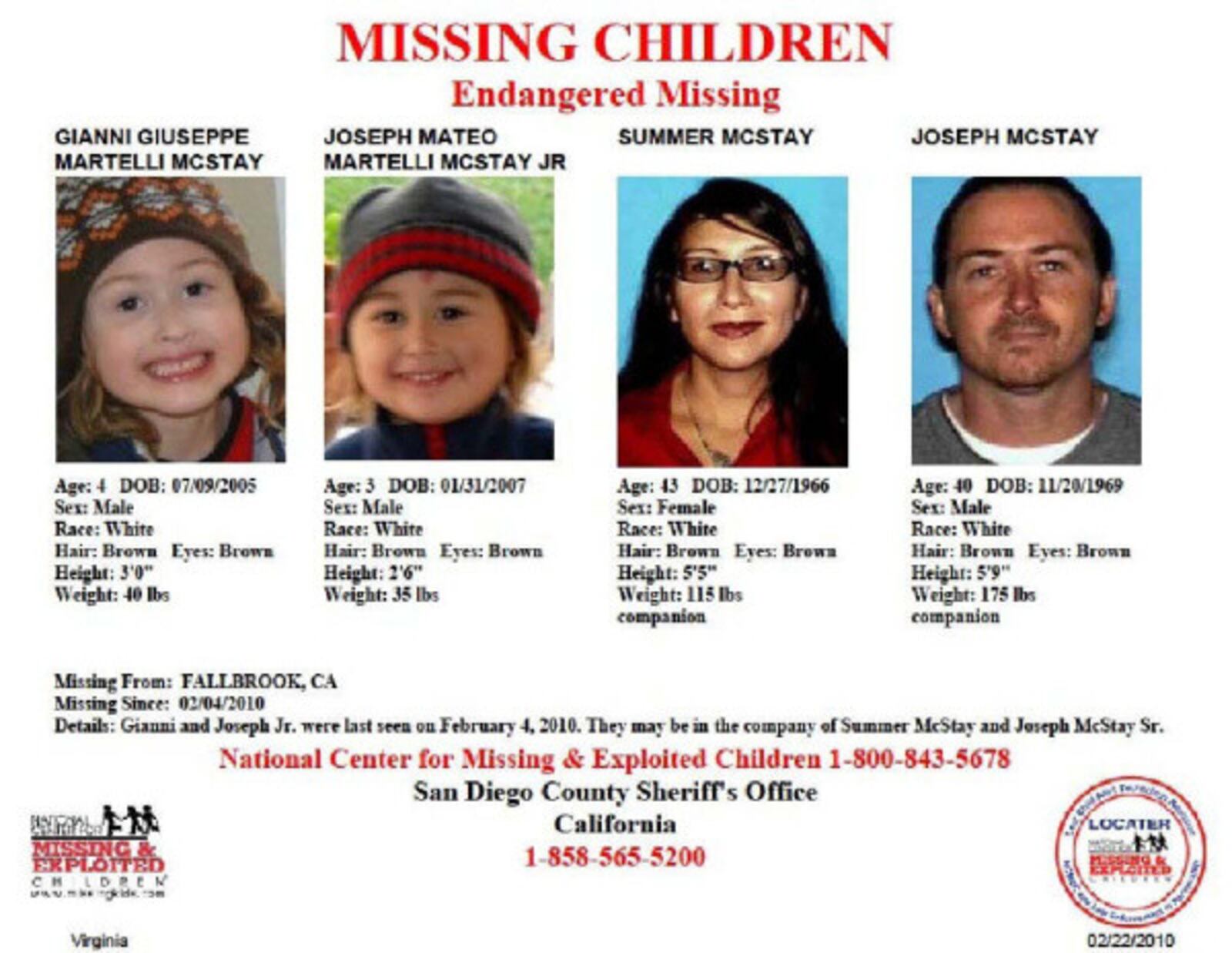 A missing poster shows Gianni McStay, 4, Joseph McStay Jr., 3, Summer McStay, 43, and Joseph McStay, 40, following their February 2010 disappearance. The family's remains were found buried in 2013 in the Mojave Desert about 100 miles from home.