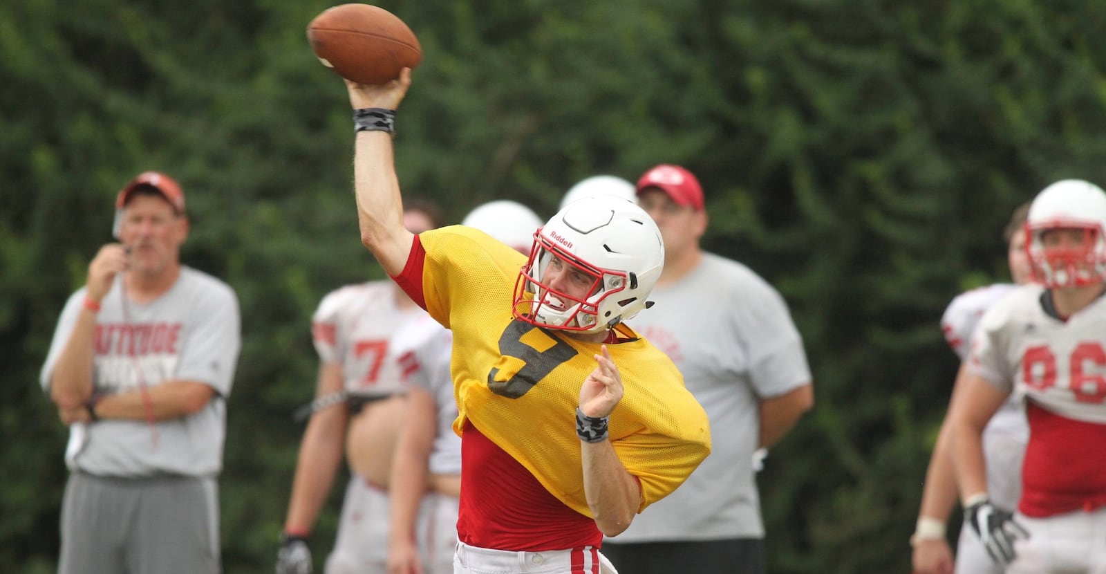 Wittenberg’s Jake Kennedy throws a pass at practice on Monday, Aug. 29, 2017, in Springfield. David Jablonski/Staff