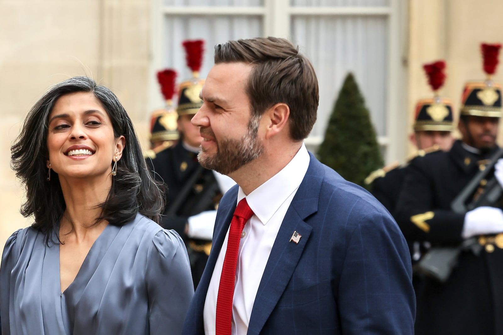 United States Vice-President JD Vance and second lady Usha Vance arrive for a working lunch at the Elysee Palace during an event on the sidelines of the Artificial Intelligence Action Summit in Paris, Tuesday, Feb. 11, 2025. (AP Photo/Thomas Padilla)