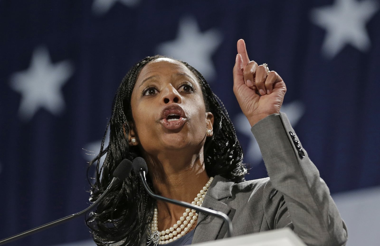 FILE - Republican congressional candidate Mia Love speaks during the Utah Republican Party nominating convention in Sandy, Utah, on April 26, 2014. (AP Photo/Rick Bowmer, File)