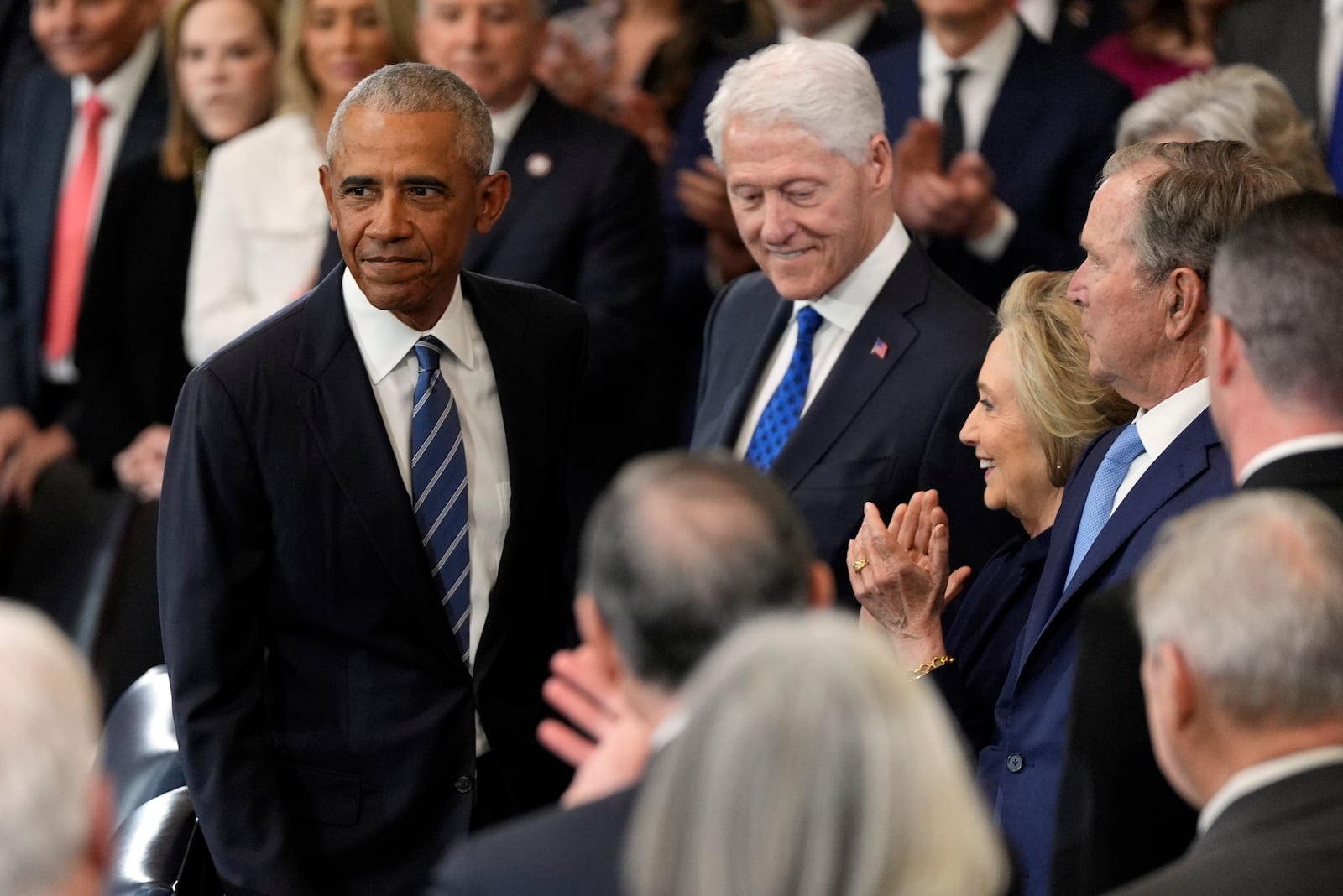 Former President Barack Obama, former President Bill Clinton and former Secretary of State Hillary Clinton arrive before the 60th Presidential Inauguration in the Rotunda of the U.S. Capitol in Washington, Monday, Jan. 20, 2025. (AP Photo/Julia Demaree Nikhinson, Pool)