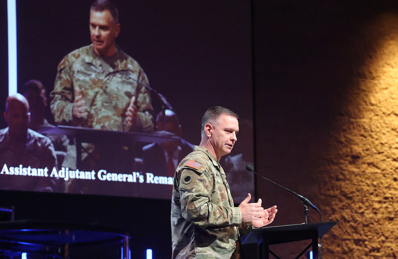 Brig. Gen. Matthew Woodruff, Ohio assistant adjutant general of Army, talks to members of the  Ohio Army National Guard 1137th Tactical Installation Networking Enhanced Signal Company, during a Call to Duty Ceremony for the unit Saturday, August 31, 2024 at the First Christian Church in Springfield. BILL LACKEY/STAFF